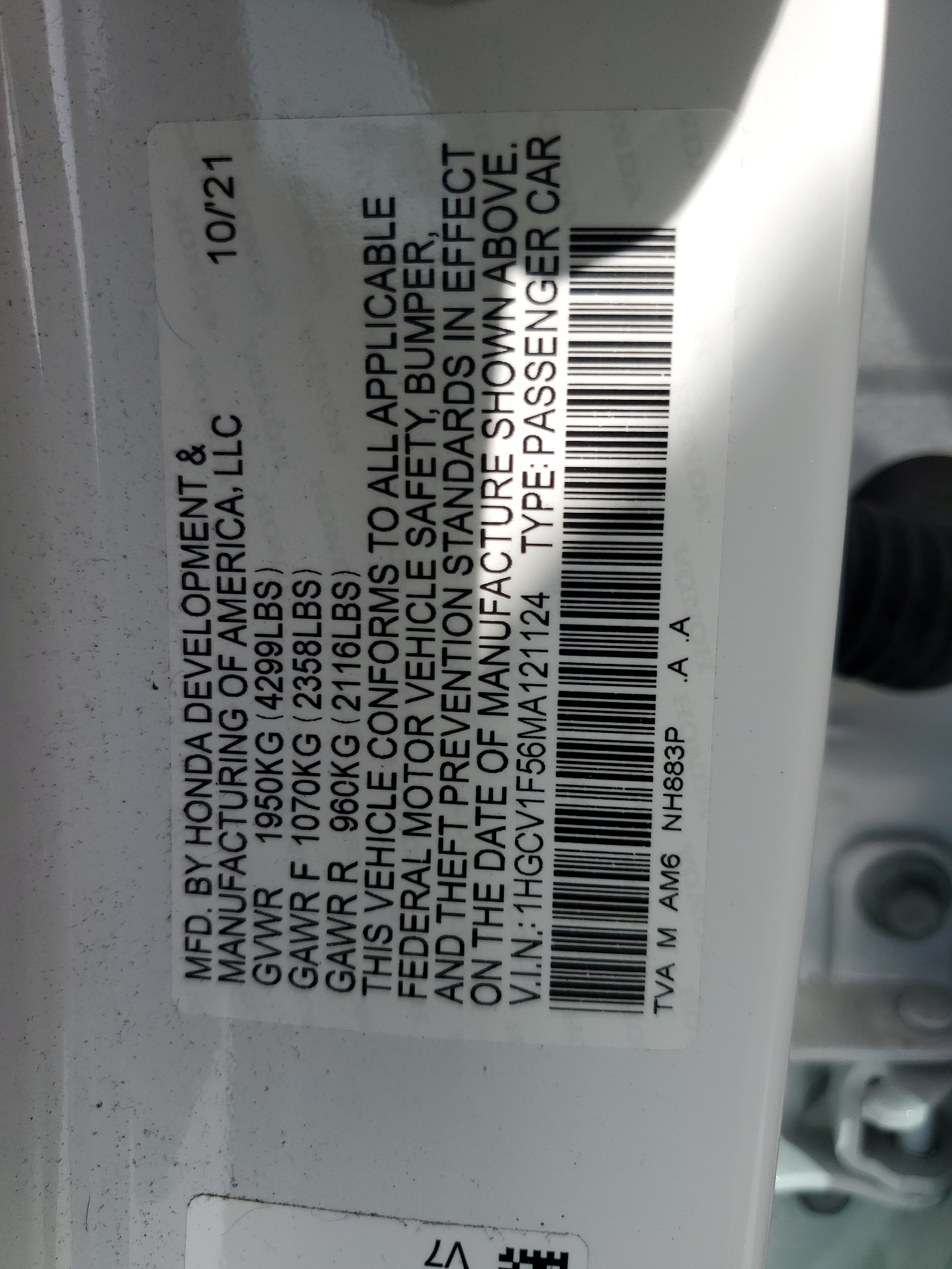 1HGCV1F56MA121124 2021 Honda Accord Exl