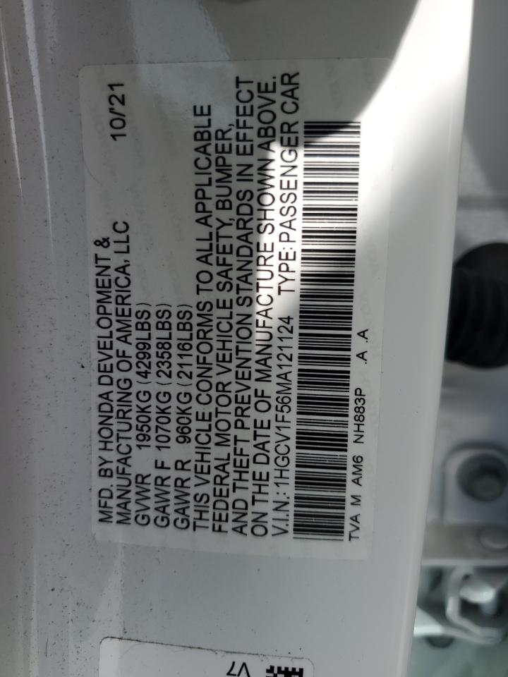 2021 Honda Accord Exl VIN: 1HGCV1F56MA121124 Lot: 65255044
