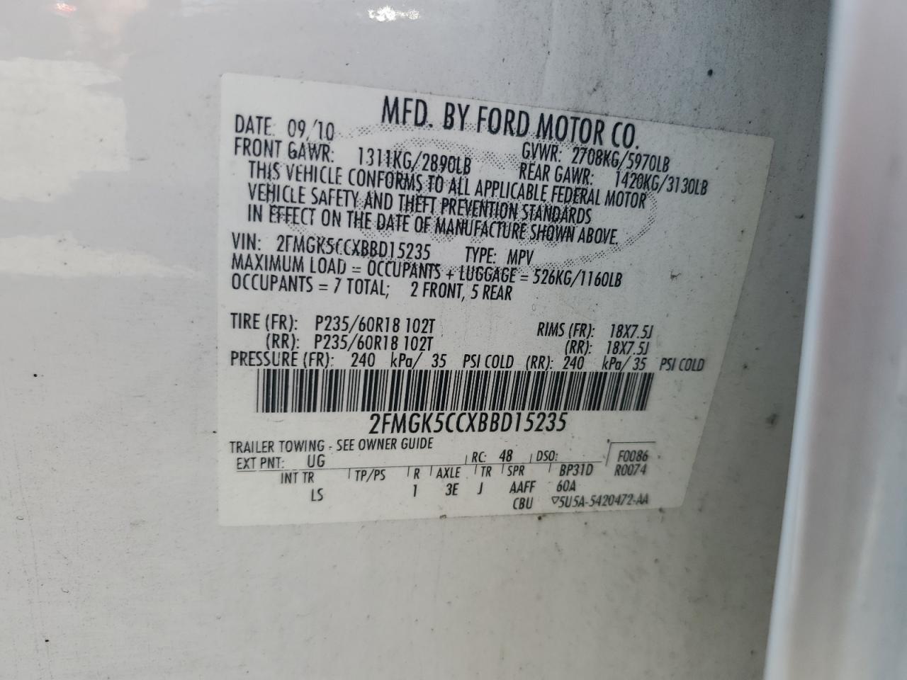 2011 Ford Flex Sel VIN: 2FMGK5CCXBBD15235 Lot: 62413164