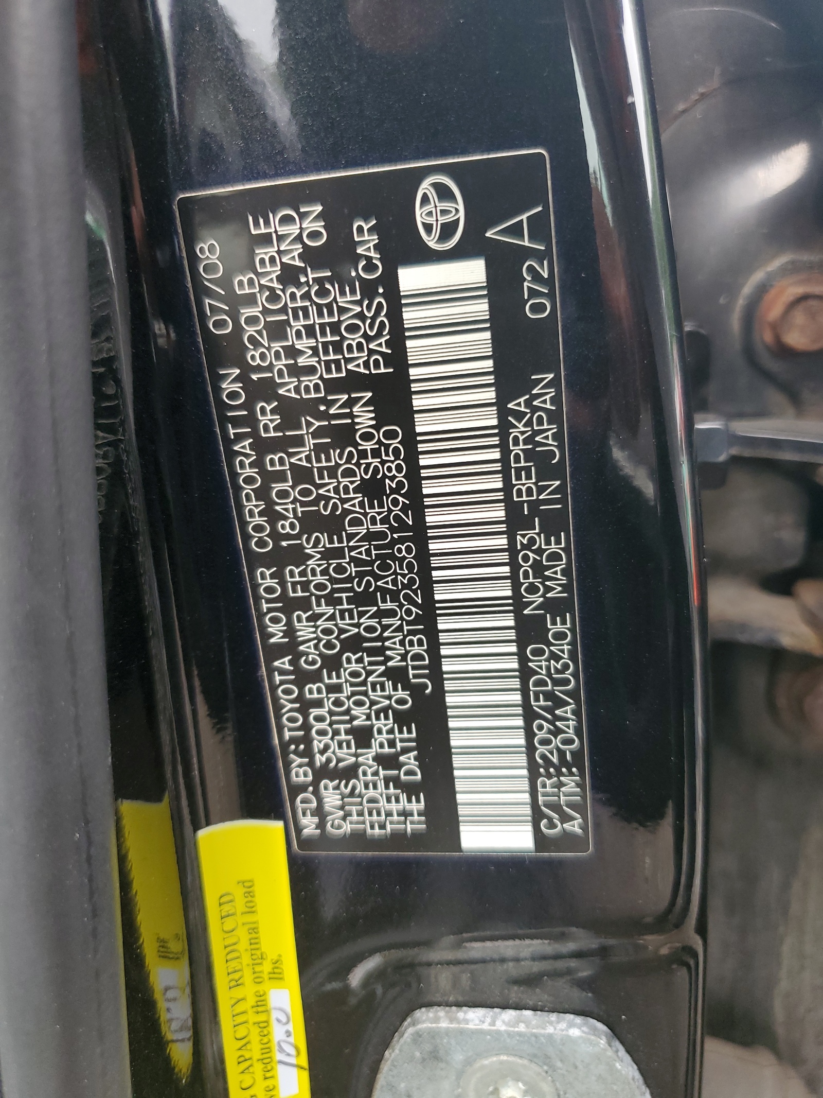 JTDBT923581293850 2008 Toyota Yaris