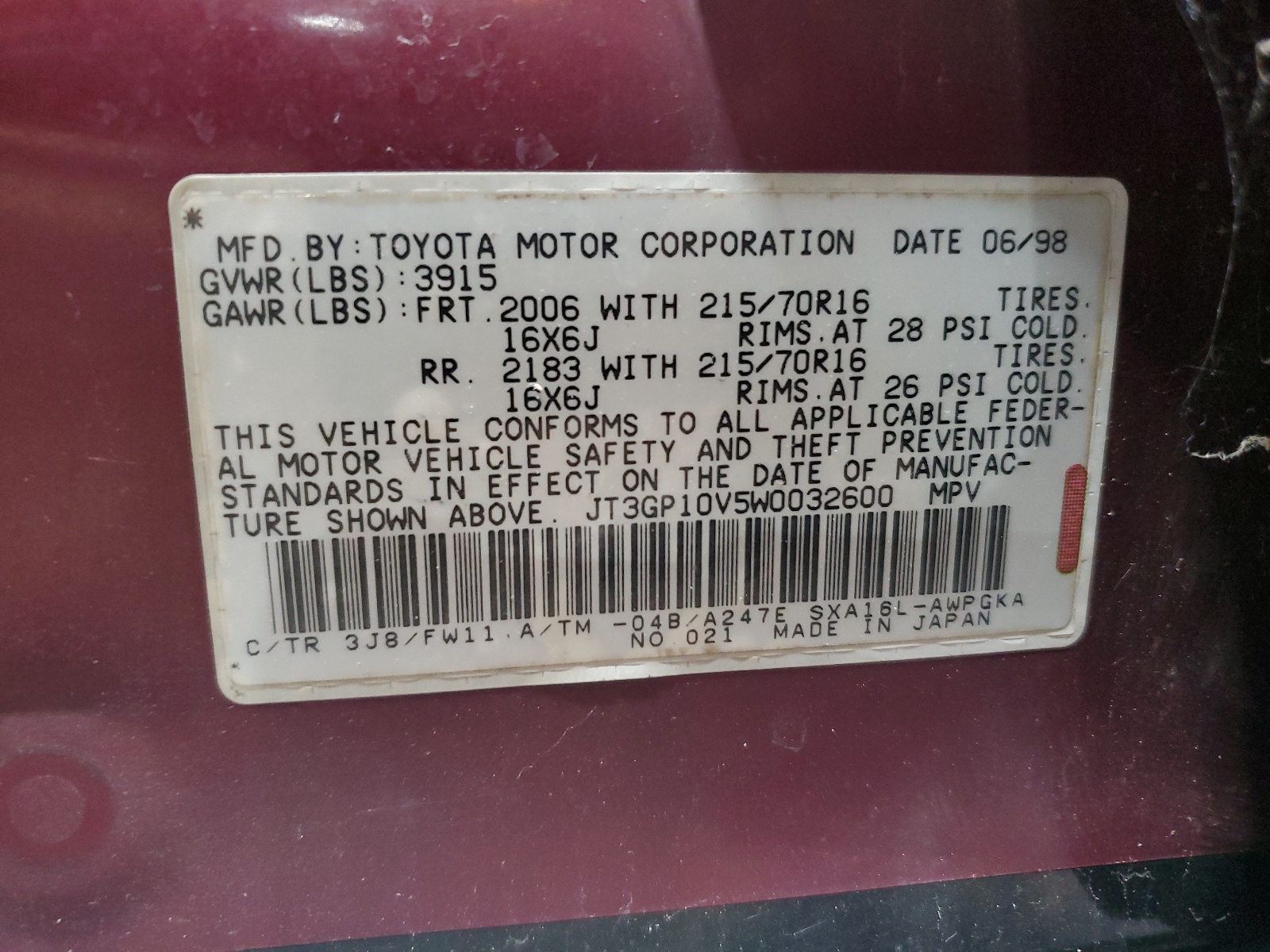 JT3GP10V5W0032600 1998 Toyota Rav4