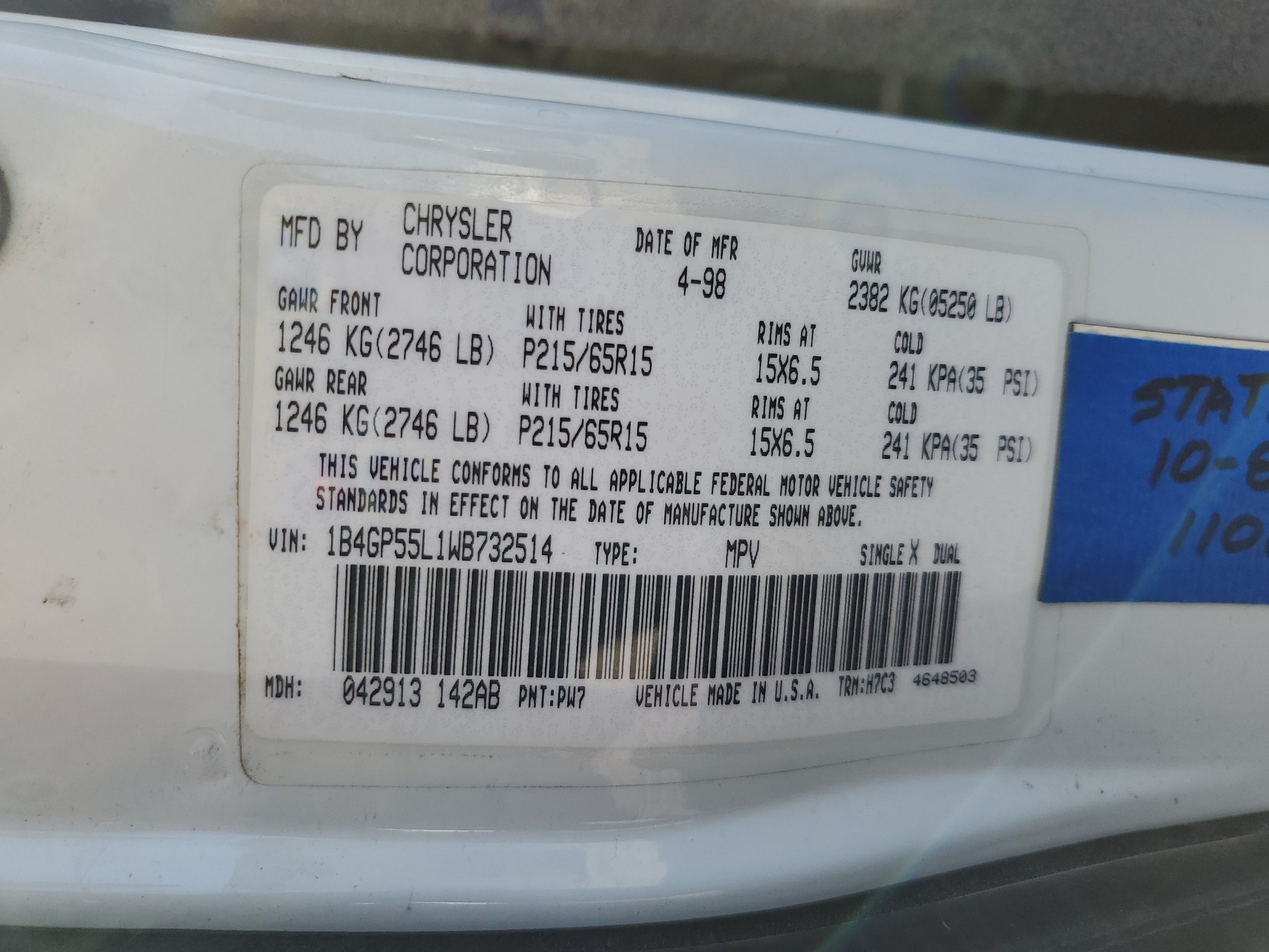 1B4GP55L1WB732514 1998 Dodge Caravan Le