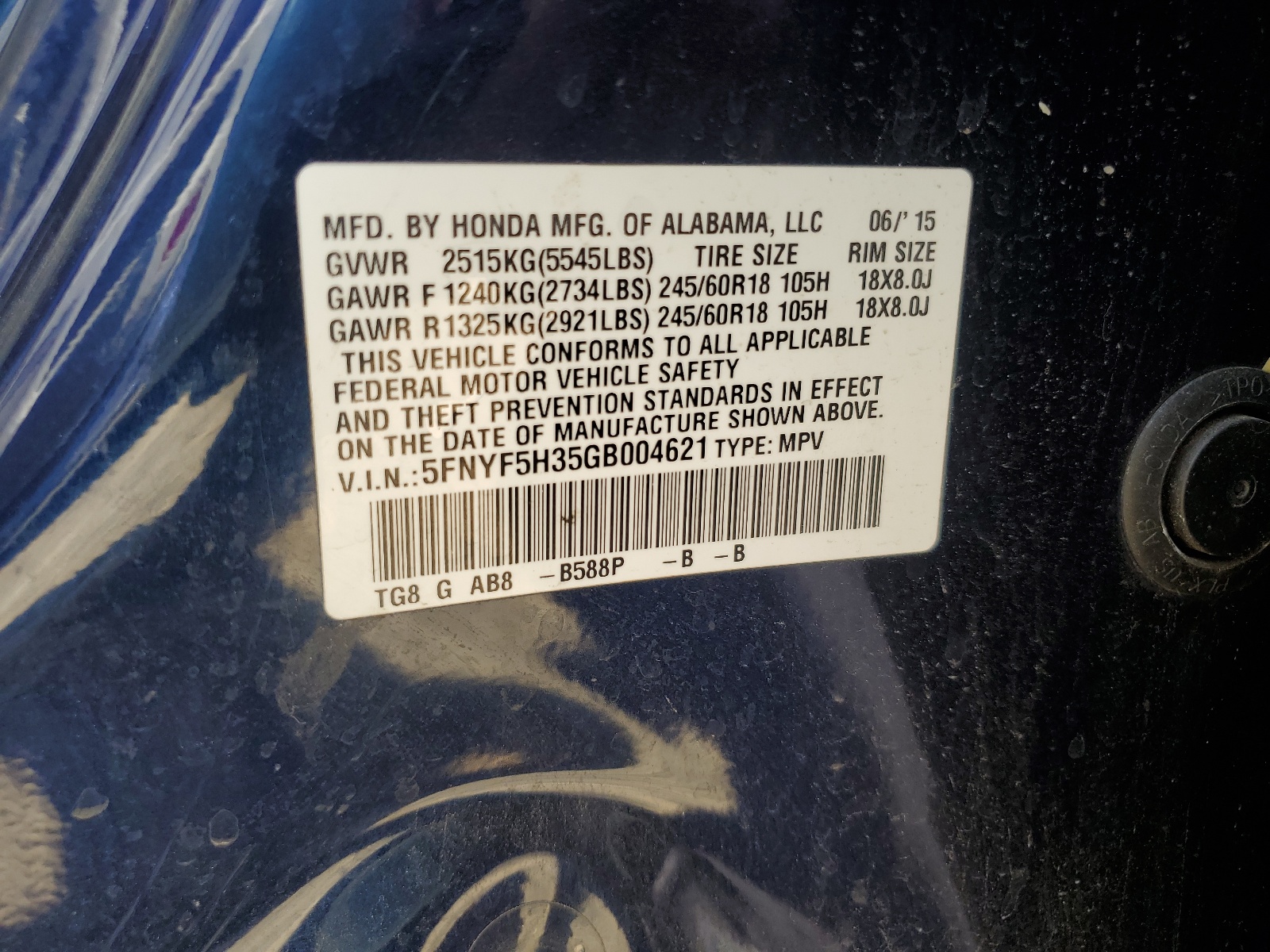 5FNYF5H35GB004621 2016 Honda Pilot Ex