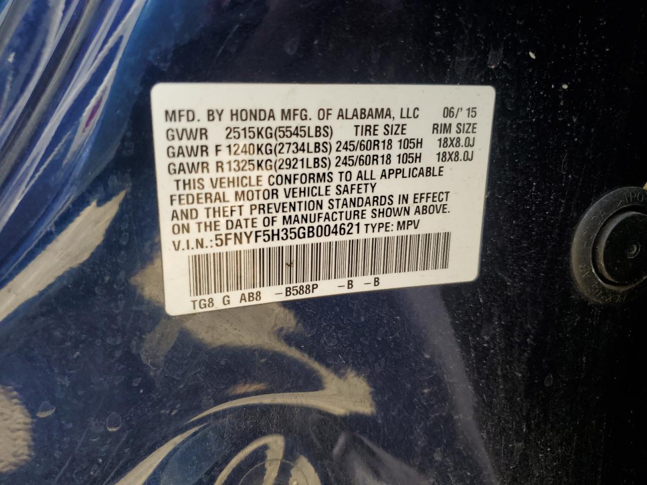 2016 Honda Pilot Ex VIN: 5FNYF5H35GB004621 Lot: 62450574