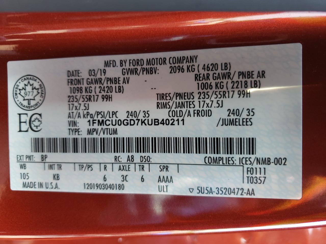 2019 Ford Escape Se VIN: 1FMCU0GD7KUB40211 Lot: 64019974