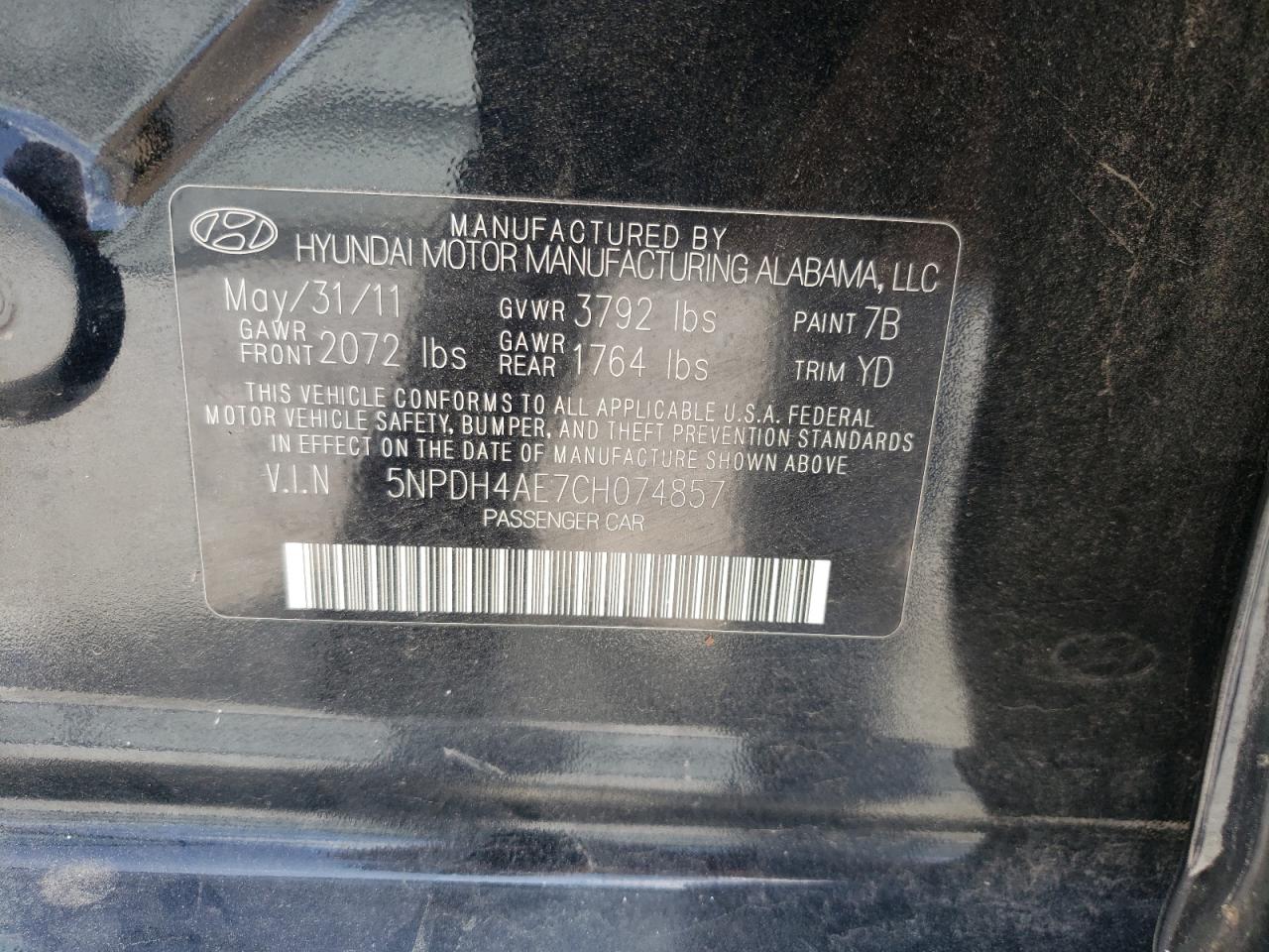 2012 Hyundai Elantra Gls VIN: 5NPDH4AE7CH074857 Lot: 60216794