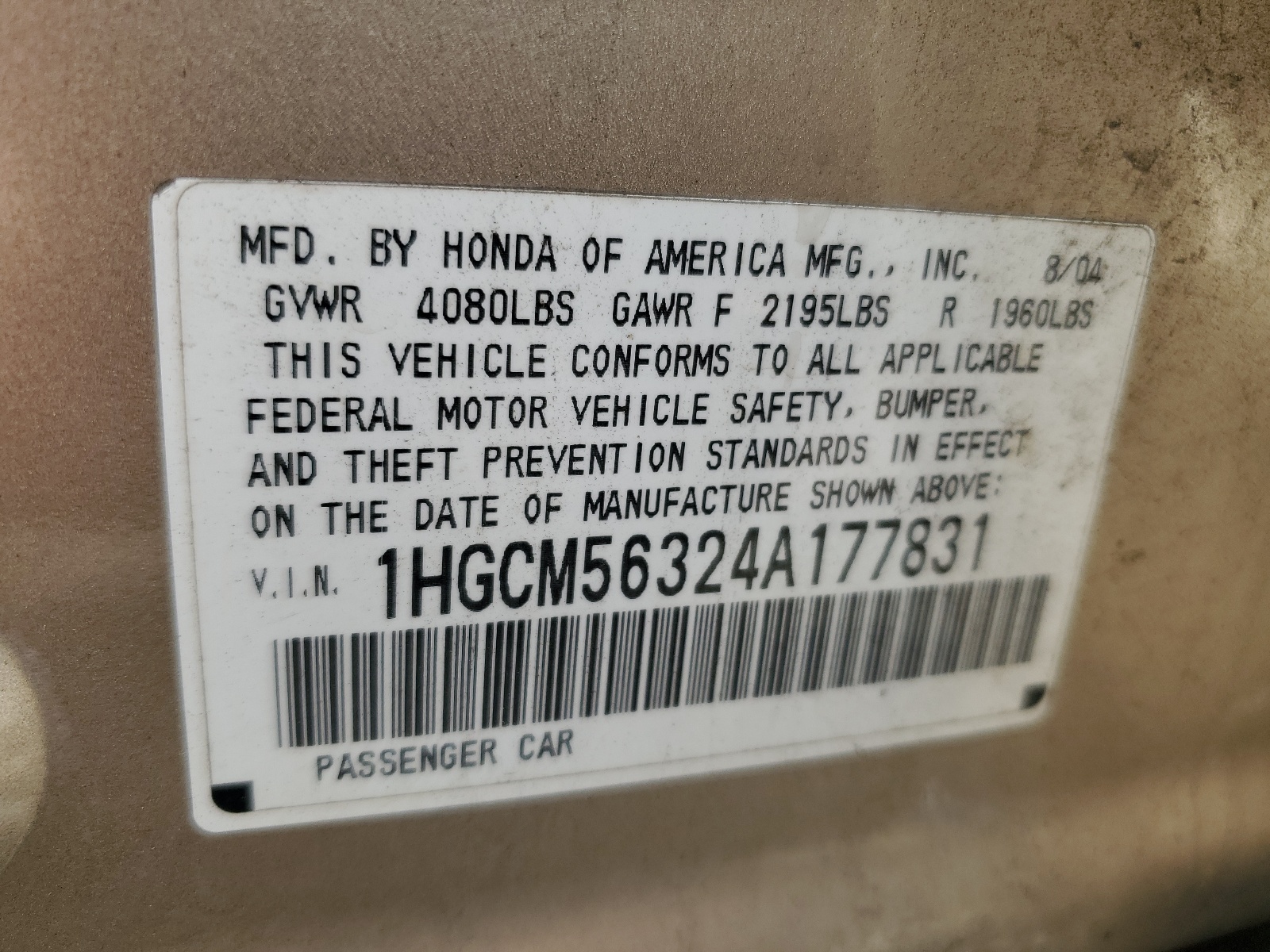 1HGCM56324A177831 2004 Honda Accord Lx