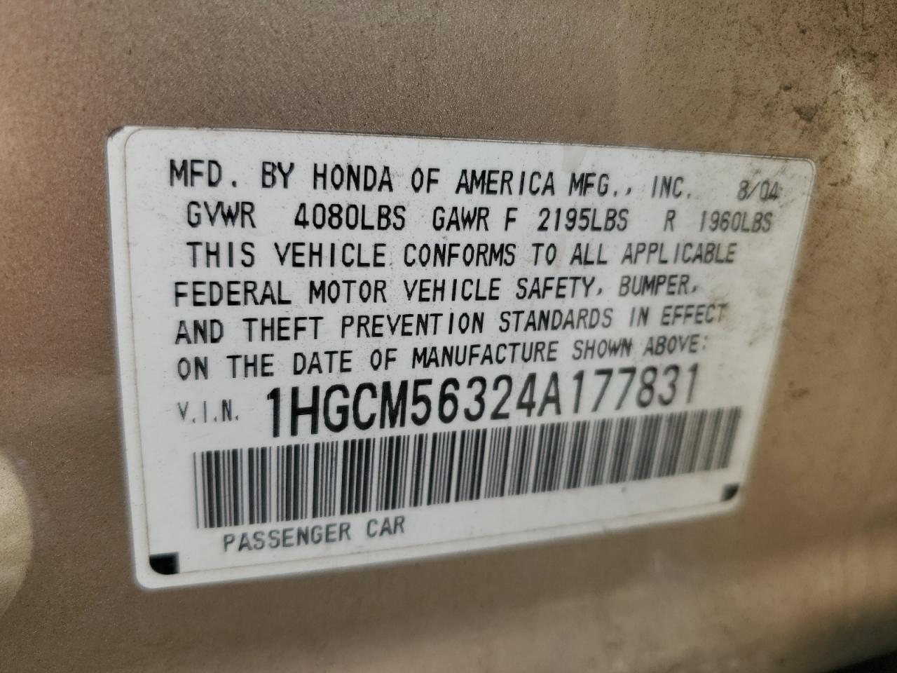 2004 Honda Accord Lx VIN: 1HGCM56324A177831 Lot: 61611094