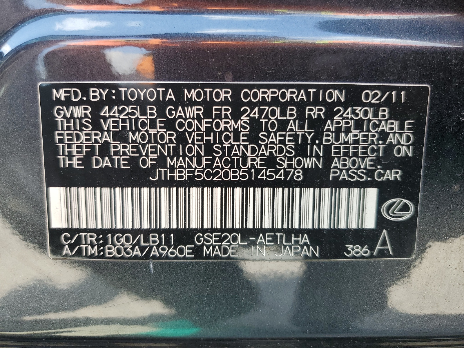 JTHBF5C20B5145478 2011 Lexus Is 250