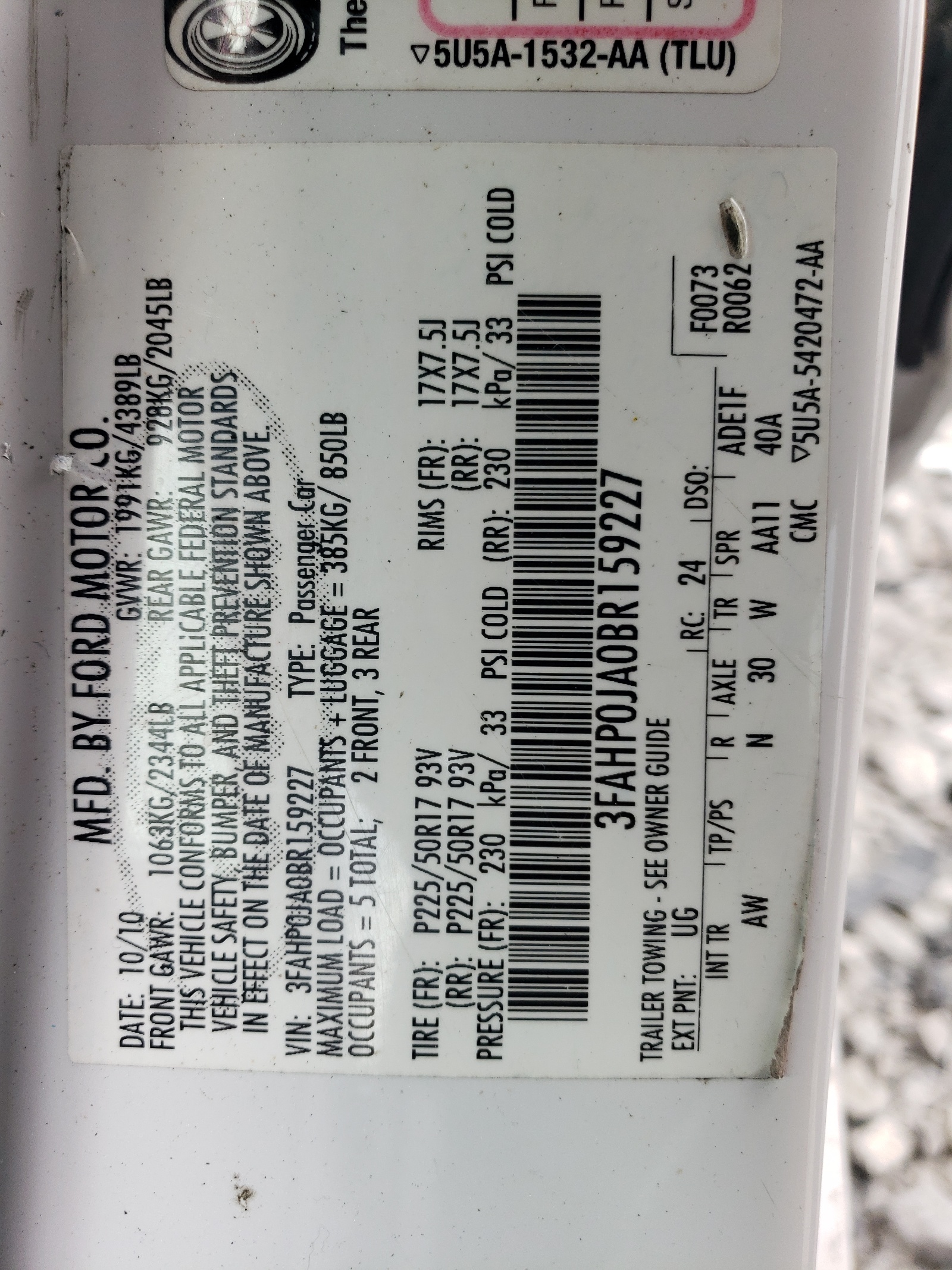 3FAHP0JA0BR159227 2011 Ford Fusion Sel