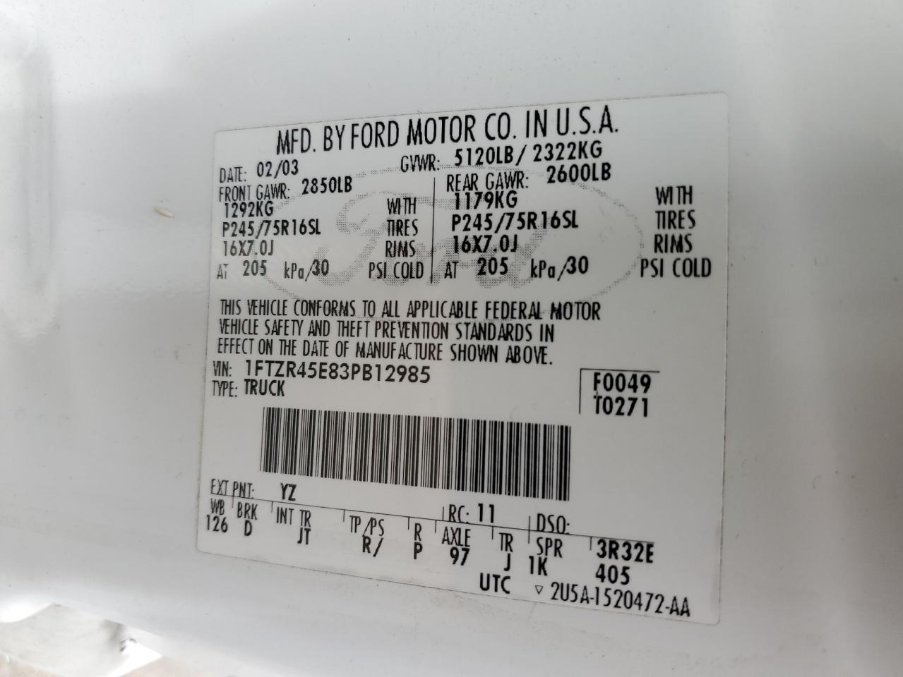 2003 Ford Ranger Super Cab VIN: 1FTZR45E83PB12985 Lot: 63773624