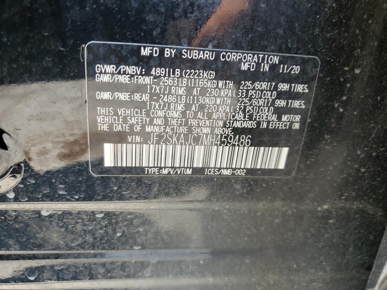 2021 Subaru Forester Premium VIN: JF2SKAJC7MH459486 Lot: 61602774