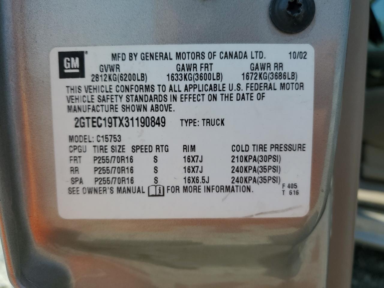 2003 GMC New Sierra C1500 VIN: 2GTEC19TX31190849 Lot: 61502964