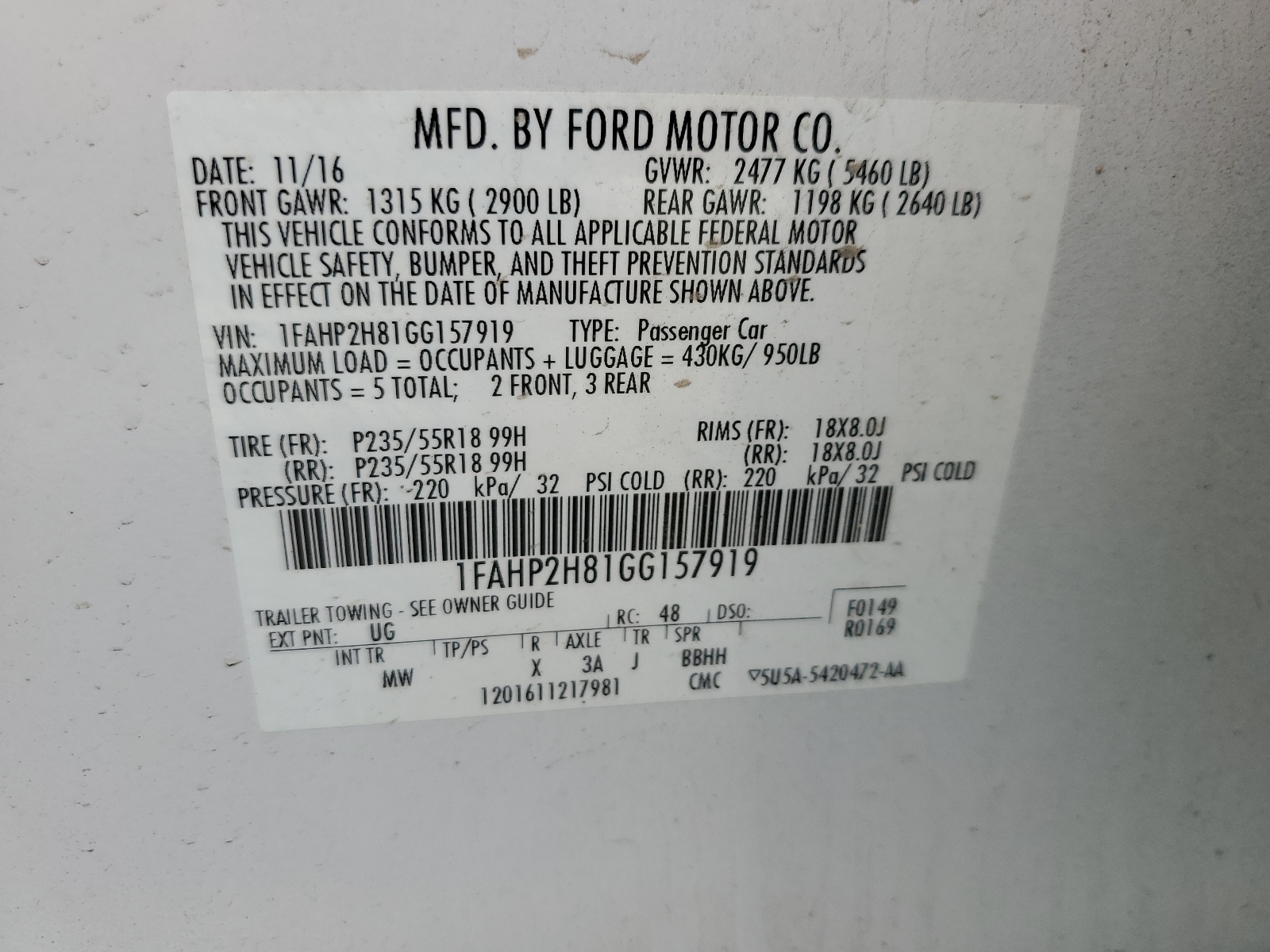 1FAHP2H81GG157919 2016 Ford Taurus Sel