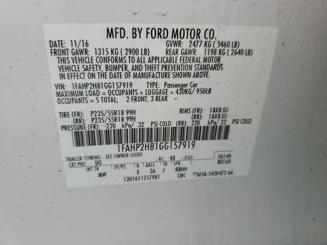 2016 Ford Taurus Sel VIN: 1FAHP2H81GG157919 Lot: 61505964