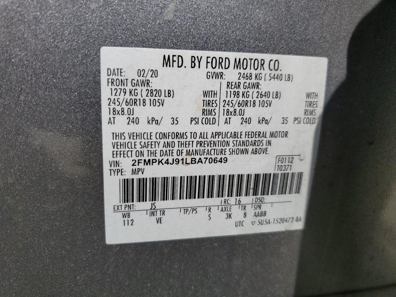 2020 Ford Edge Sel VIN: 2FMPK4J91LBA70649 Lot: 62350744