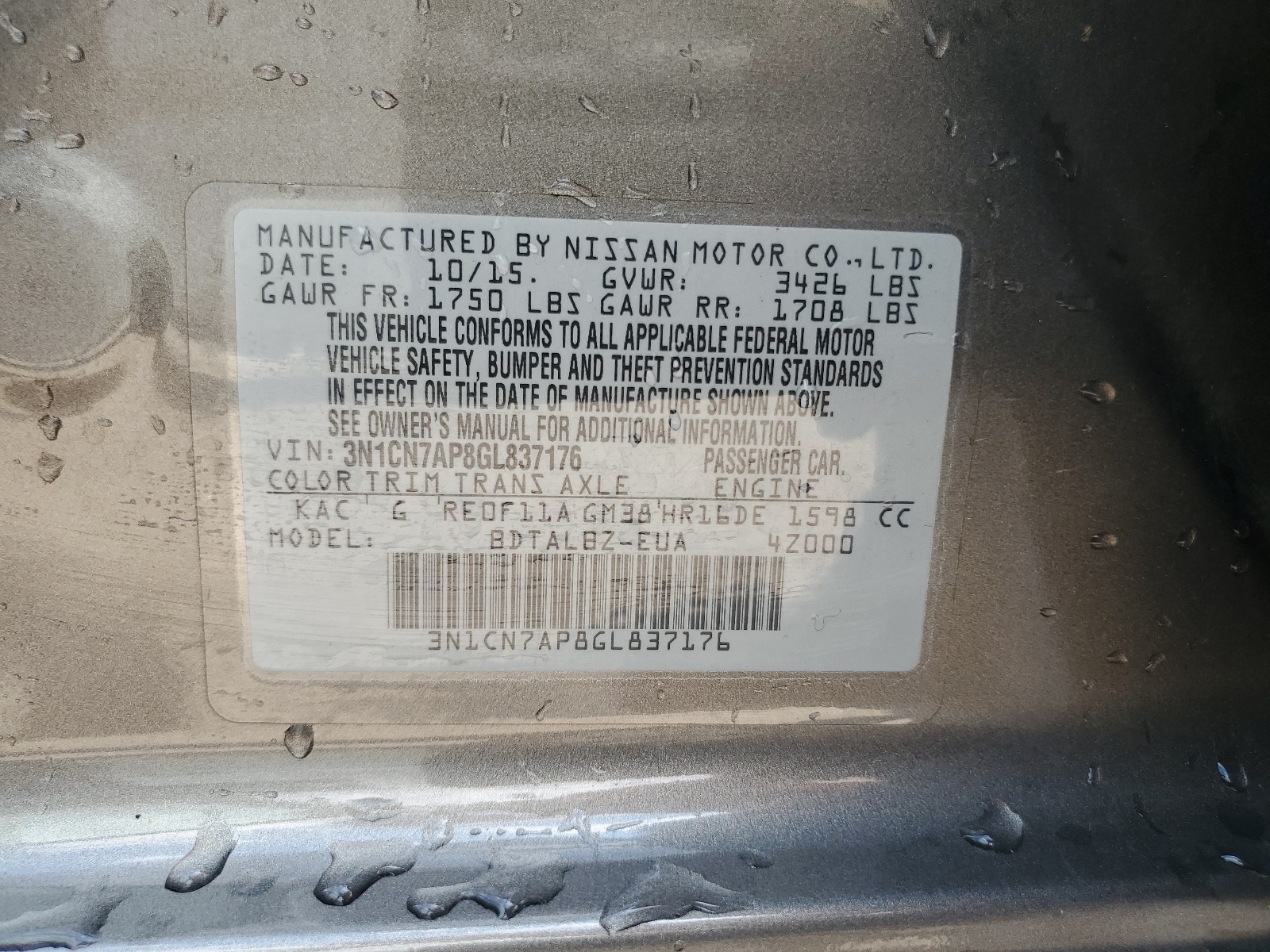 3N1CN7AP8GL837176 2016 Nissan Versa S