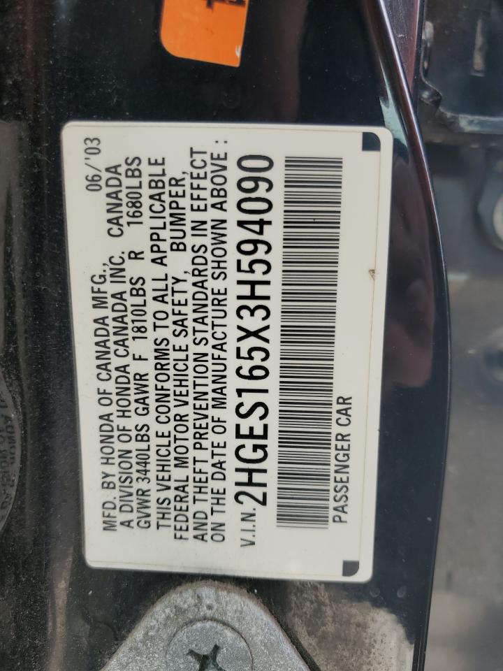 2003 Honda Civic Lx VIN: 2HGES165X3H594090 Lot: 64946834