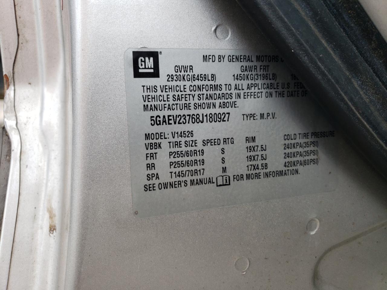 2008 Buick Enclave Cxl VIN: 5GAEV23768J180927 Lot: 62695134