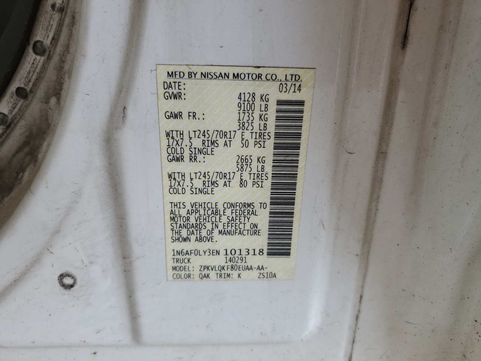 1N6AF0LY3EN101318 2014 Nissan Nv 2500