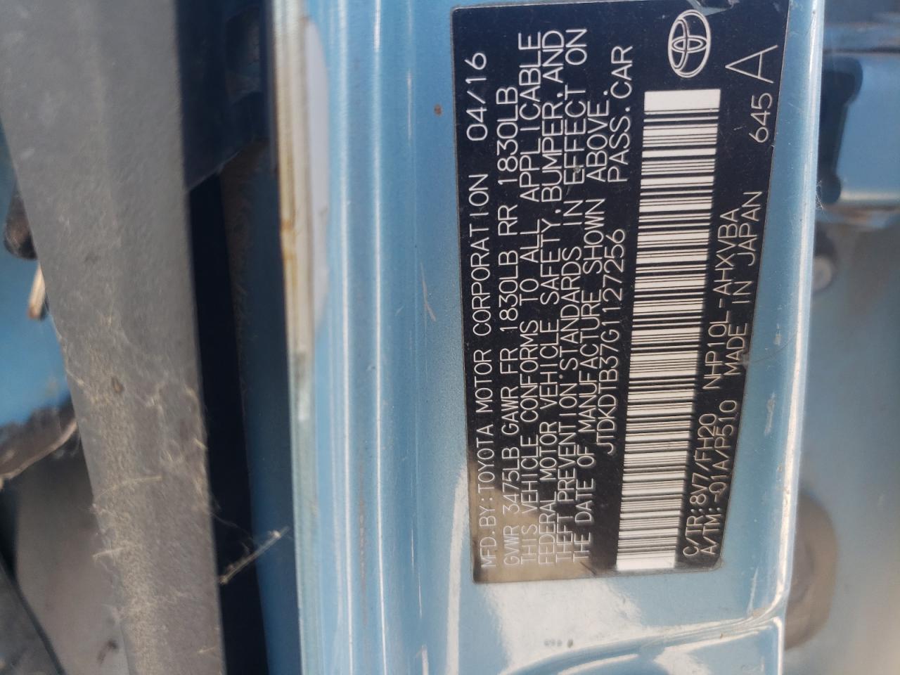 2016 Toyota Prius C VIN: JTDKDTB37G1127256 Lot: 63150004