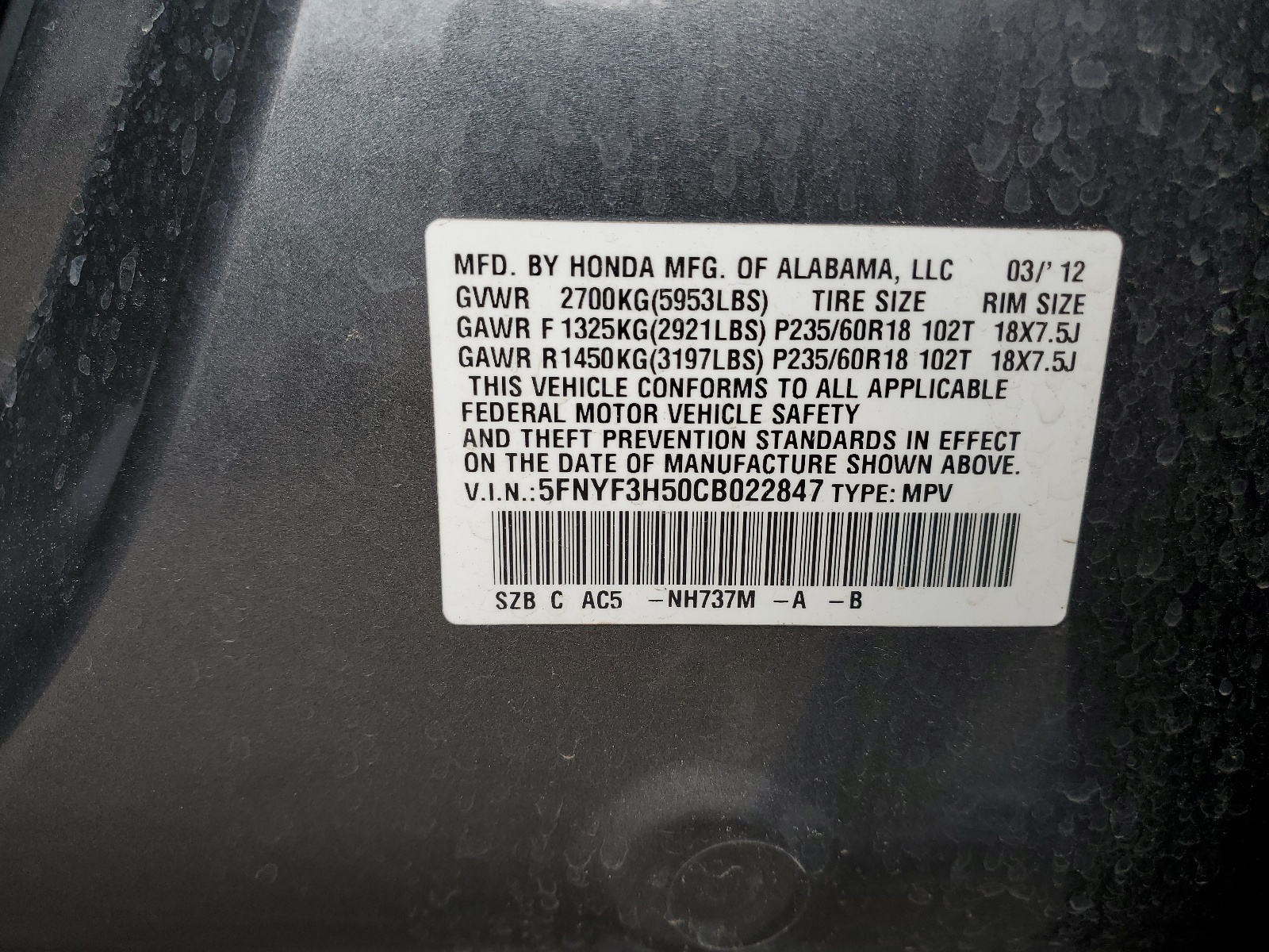 5FNYF3H50CB022847 2012 Honda Pilot Exl