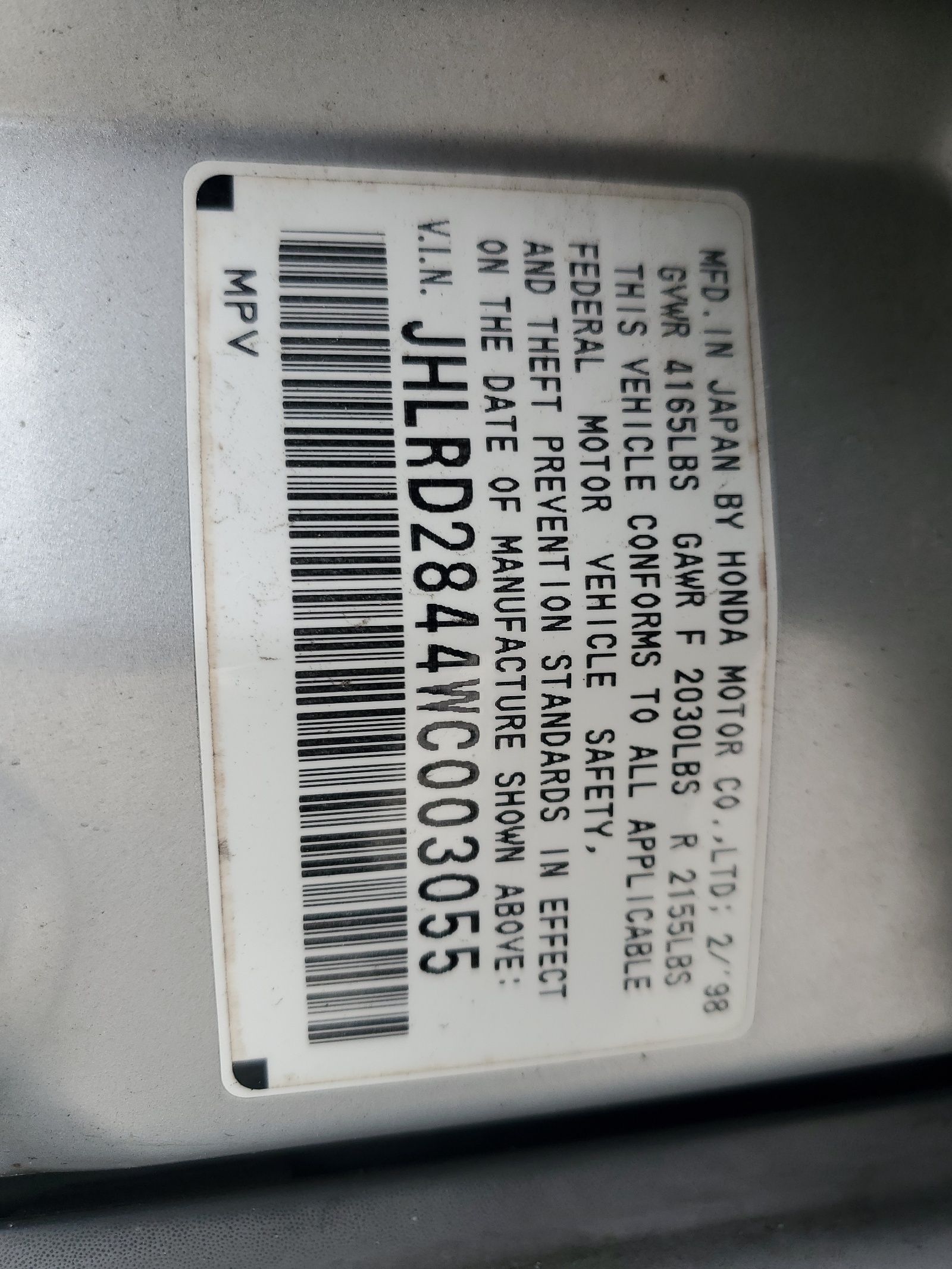 JHLRD2844WC003055 1998 Honda Cr-V Lx