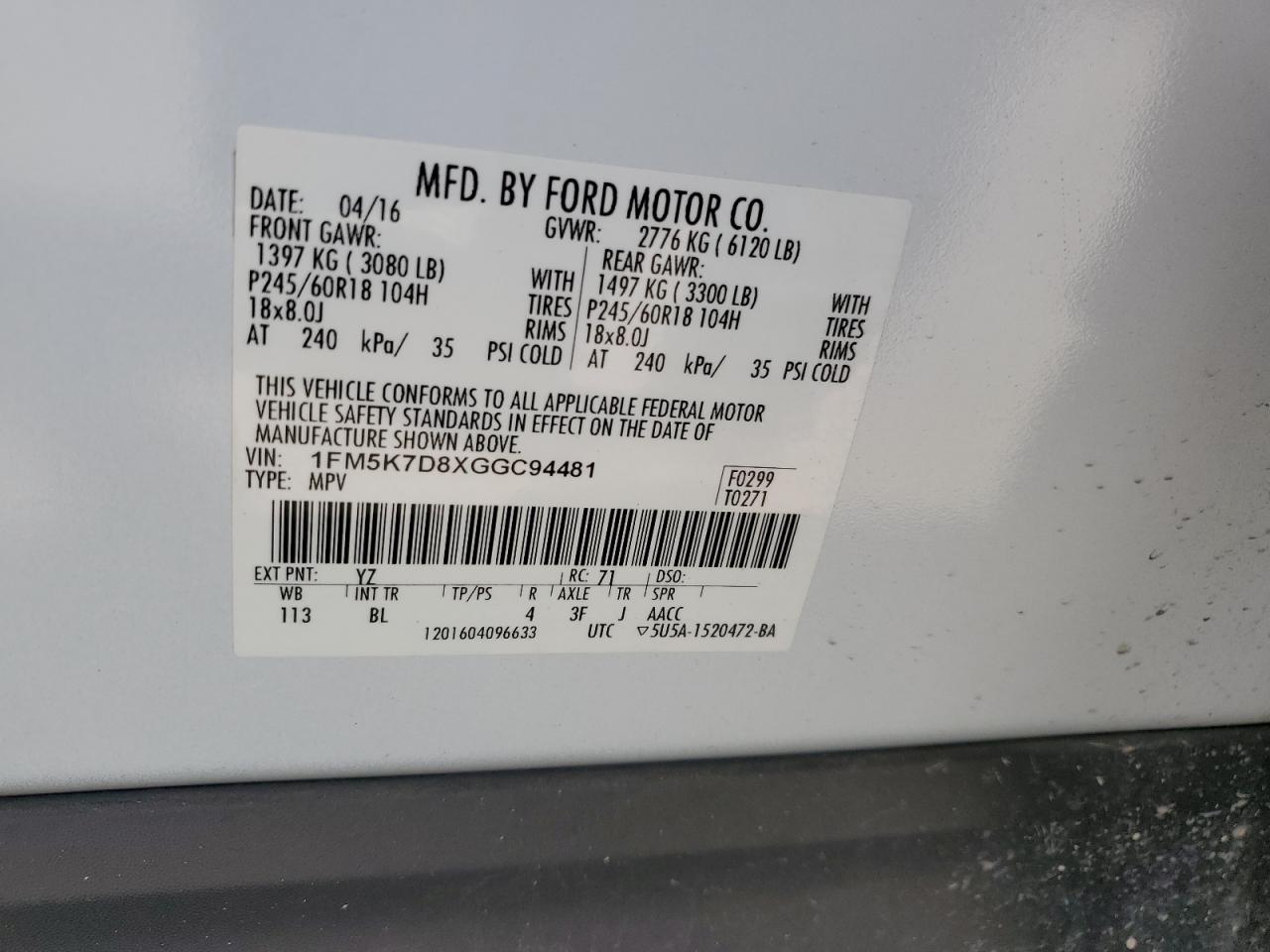 2016 Ford Explorer Xlt VIN: 1FM5K7D8XGGC94481 Lot: 63826144