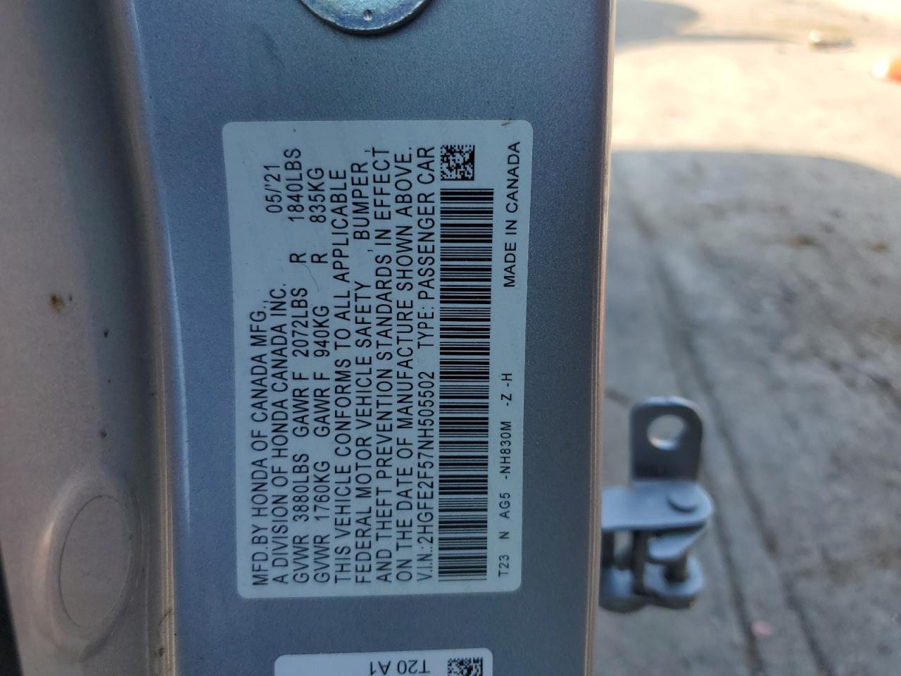 2HGFE2F57NH505502 2022 Honda Civic Sport
