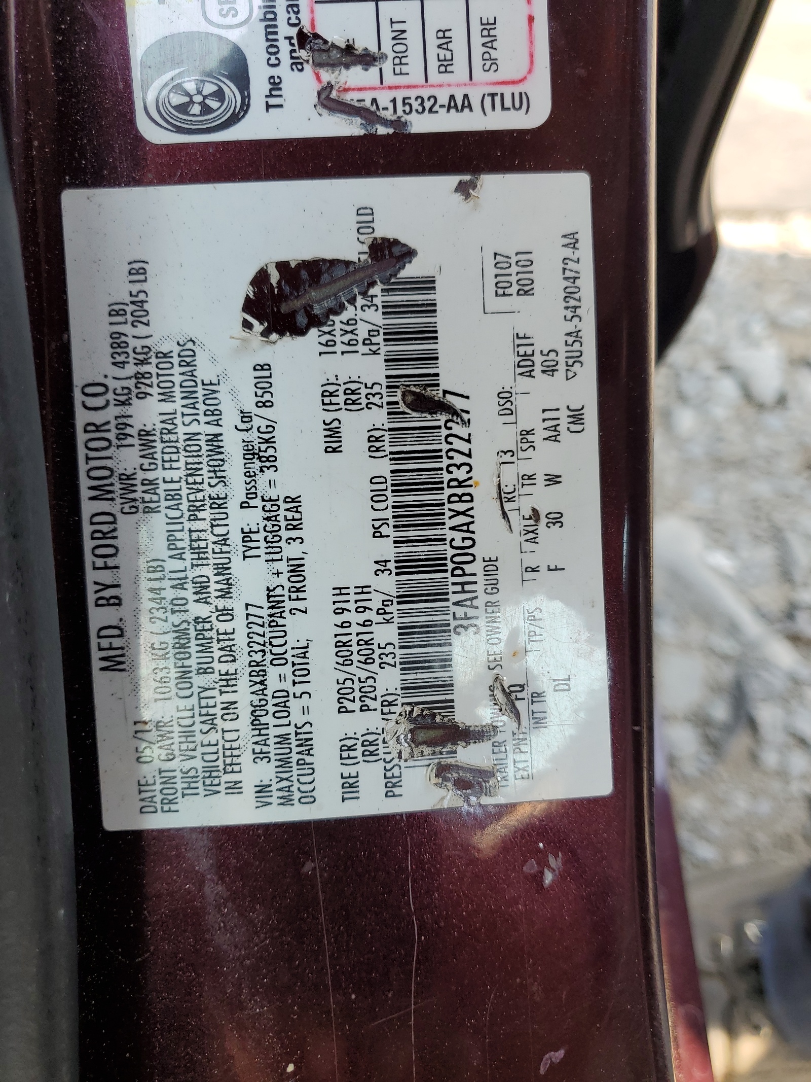 3FAHP0GAXBR322277 2011 Ford Fusion S