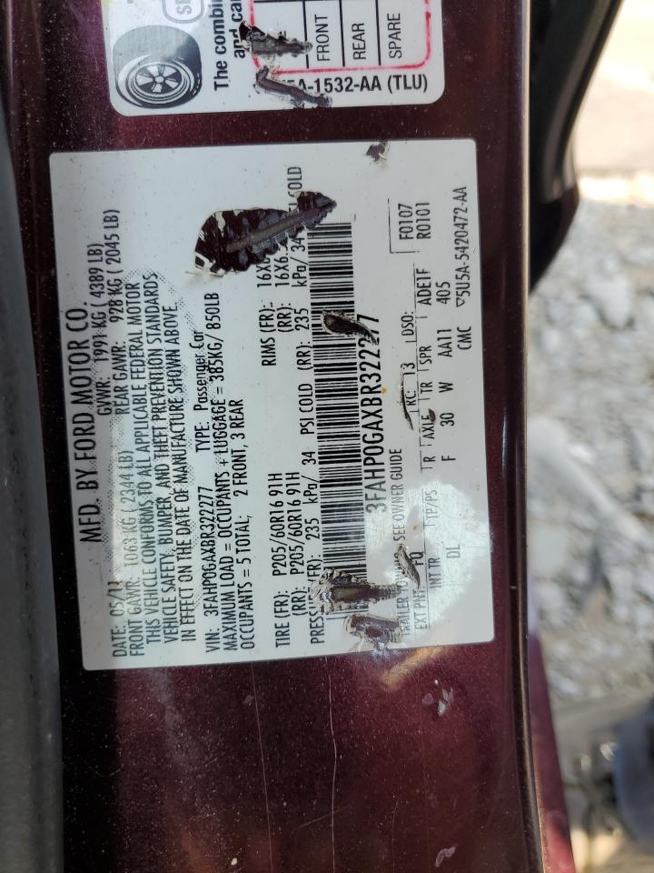 2011 Ford Fusion S VIN: 3FAHP0GAXBR322277 Lot: 63020644