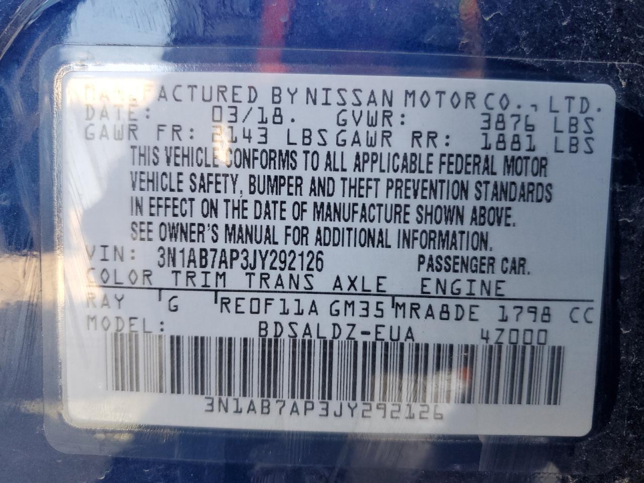 3N1AB7AP3JY292126 2018 Nissan Sentra S