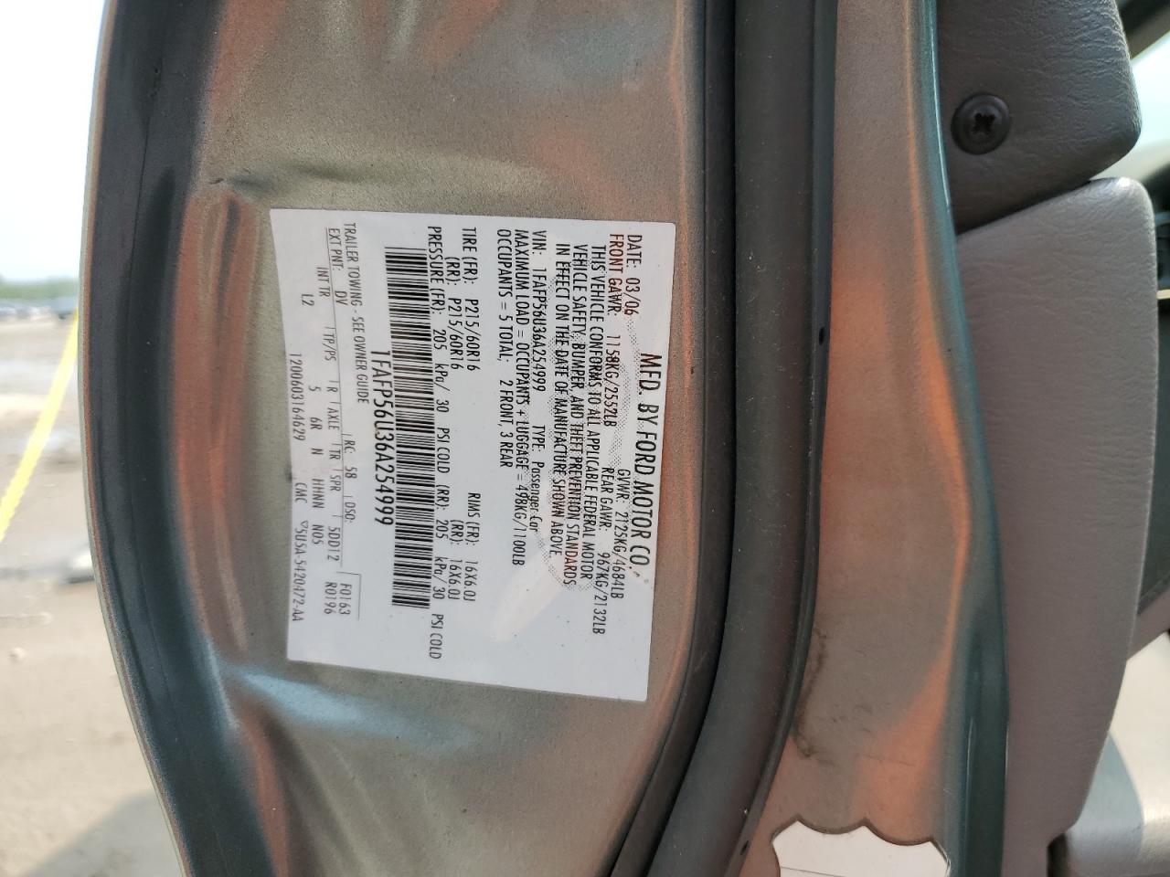 2006 Ford Taurus Sel VIN: 1FAFP56U36A254999 Lot: 64706784