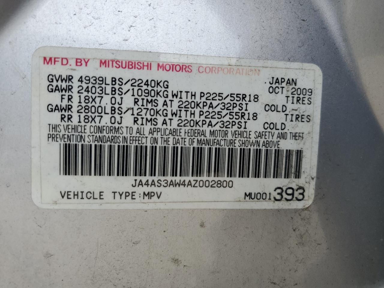 2010 Mitsubishi Outlander Se VIN: JA4AS3AW4AZ002800 Lot: 63472894