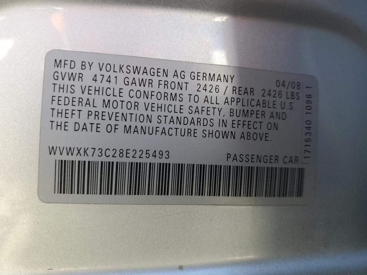 2008 Volkswagen Passat Wagon Turbo VIN: WVWXK73C28E225493 Lot: 62893664