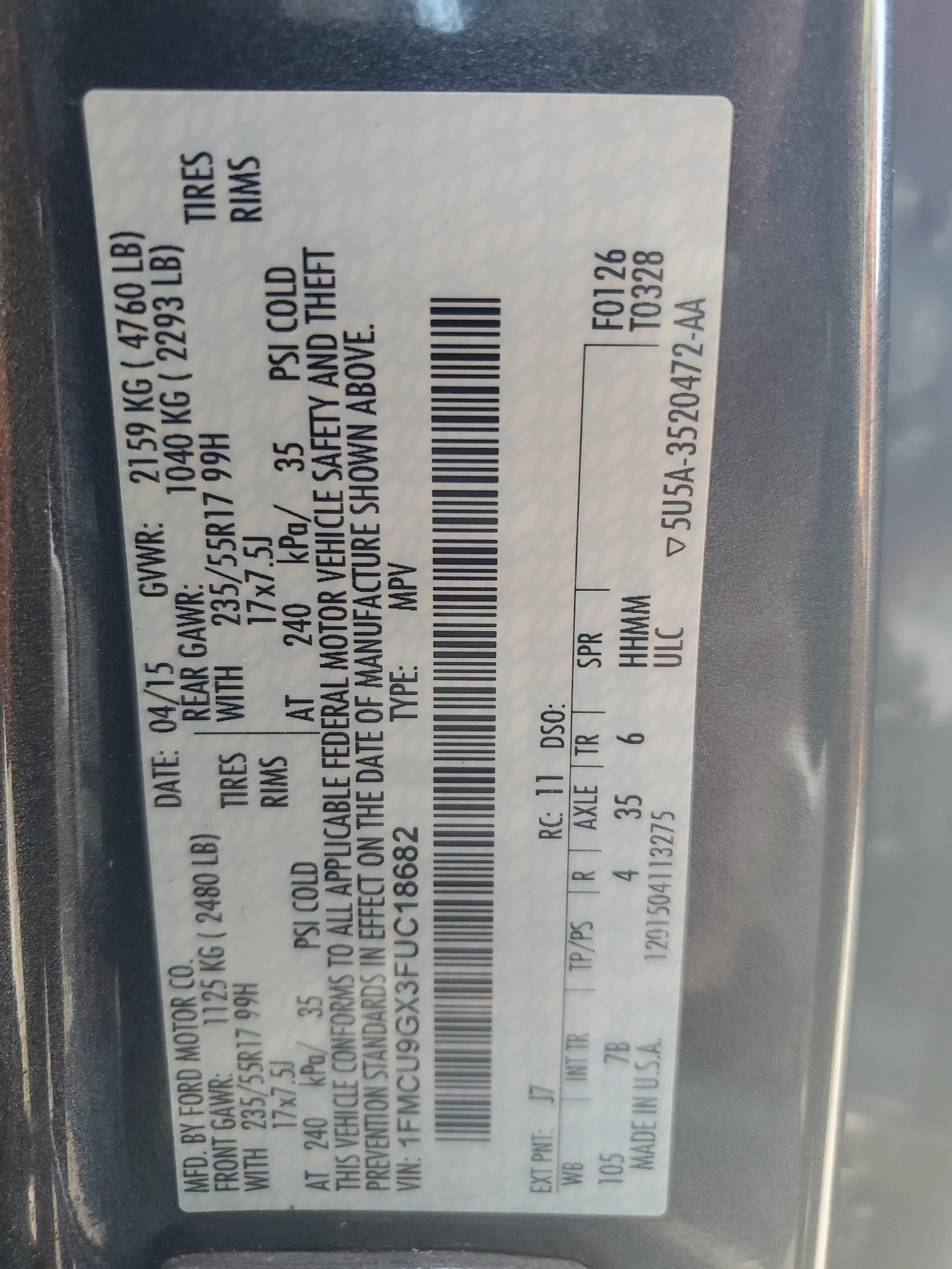 1FMCU9GX3FUC18682 2015 Ford Escape Se