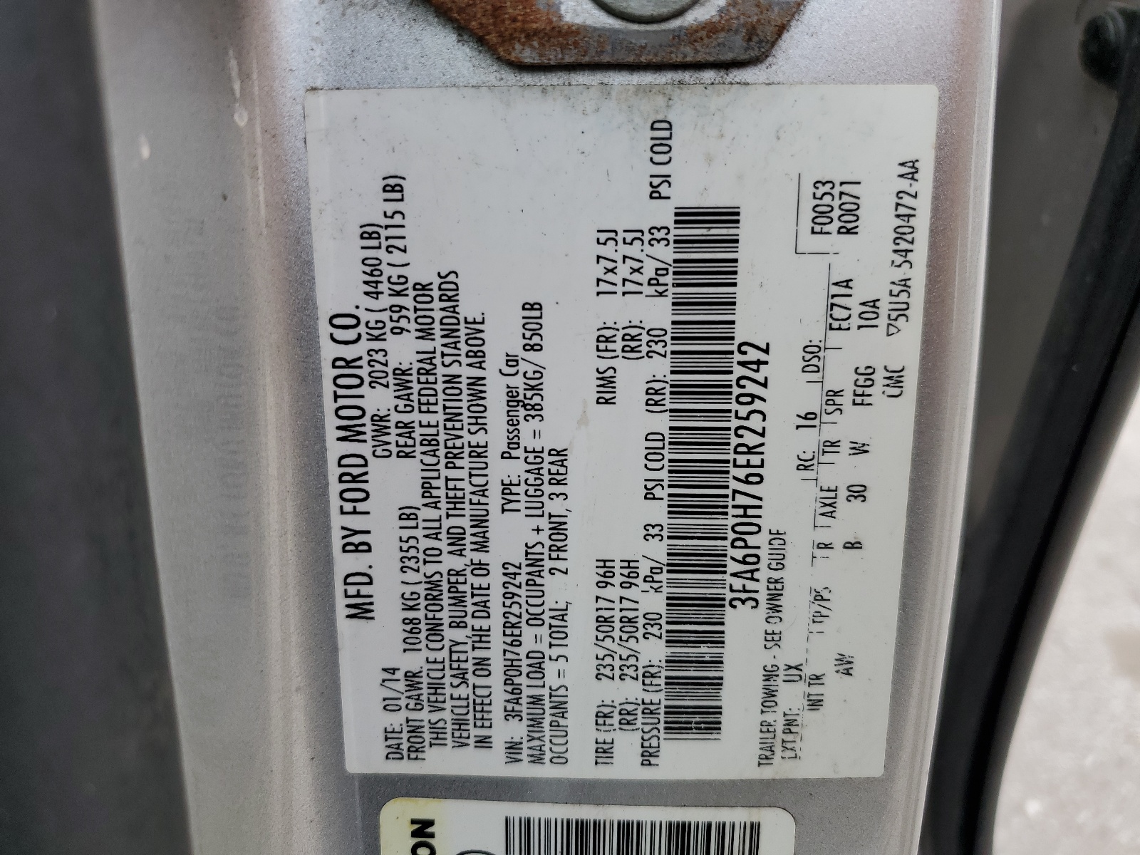 3FA6P0H76ER259242 2014 Ford Fusion Se