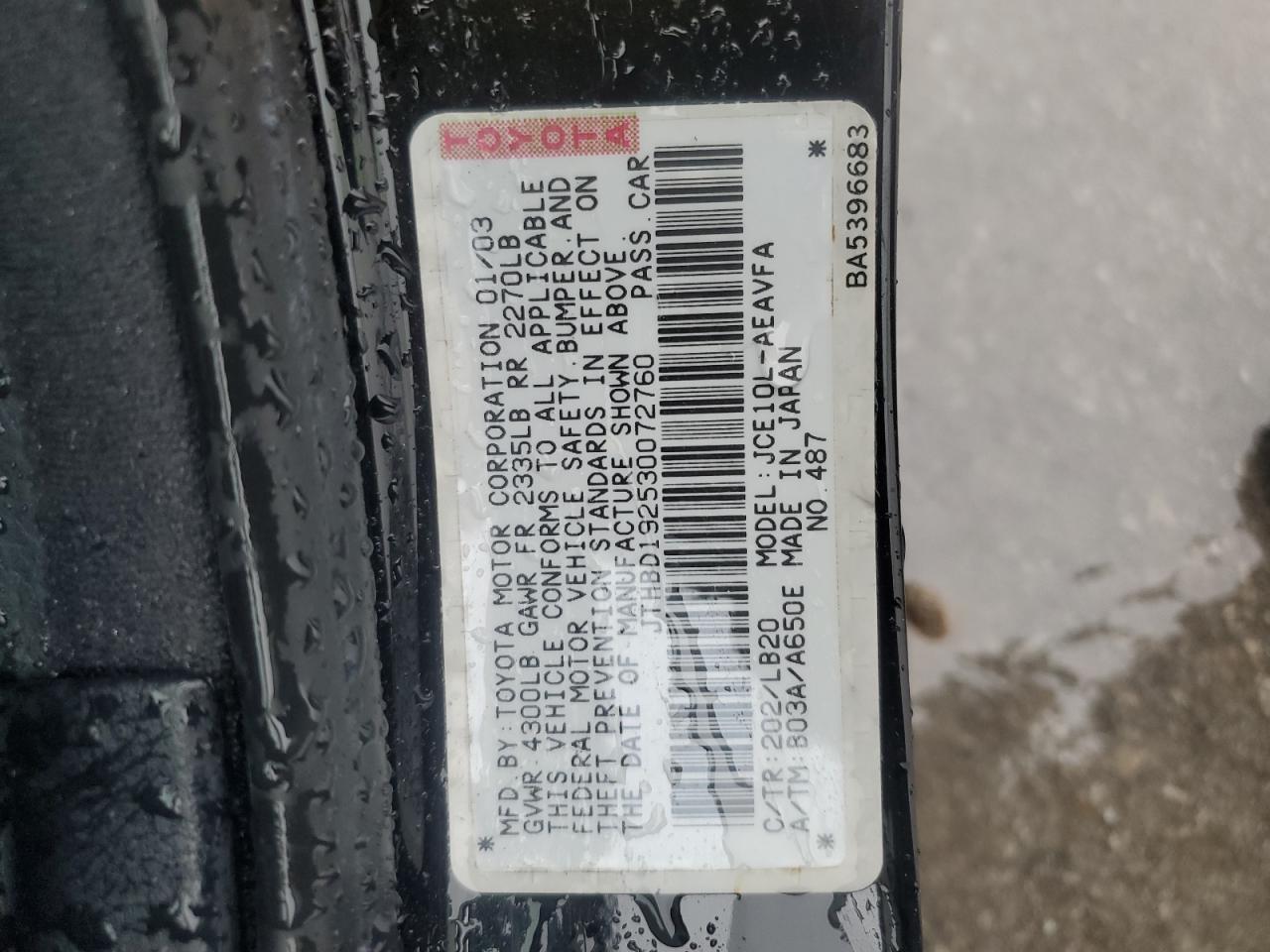 2003 Lexus Is 300 VIN: JTHBD192530072760 Lot: 63637184