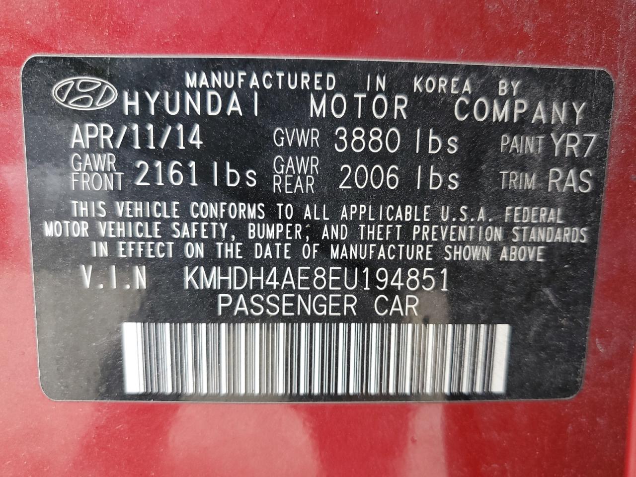 KMHDH4AE8EU194851 2014 Hyundai Elantra Se