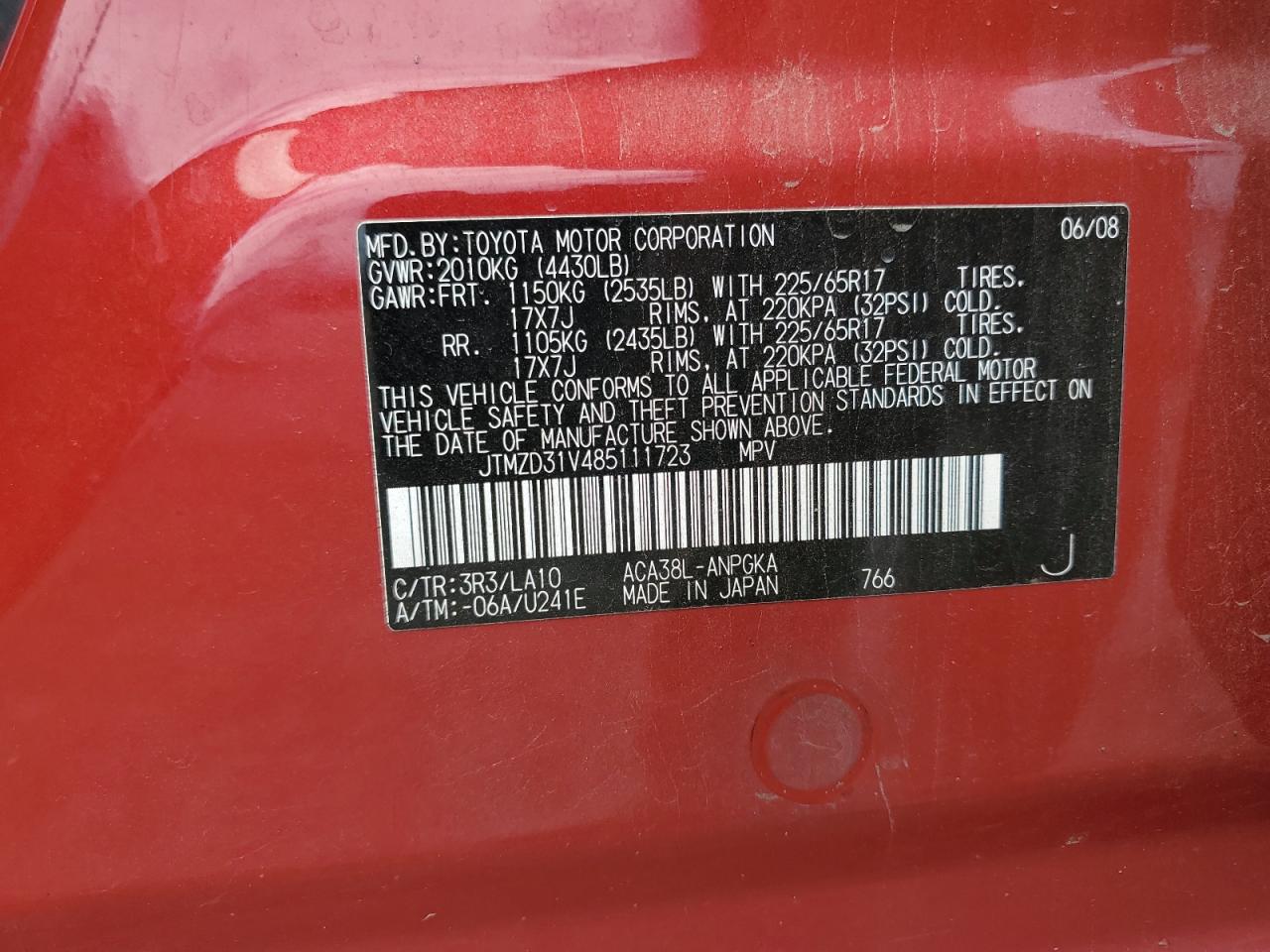 2008 Toyota Rav4 Limited VIN: JTMZD31V485111723 Lot: 64687064