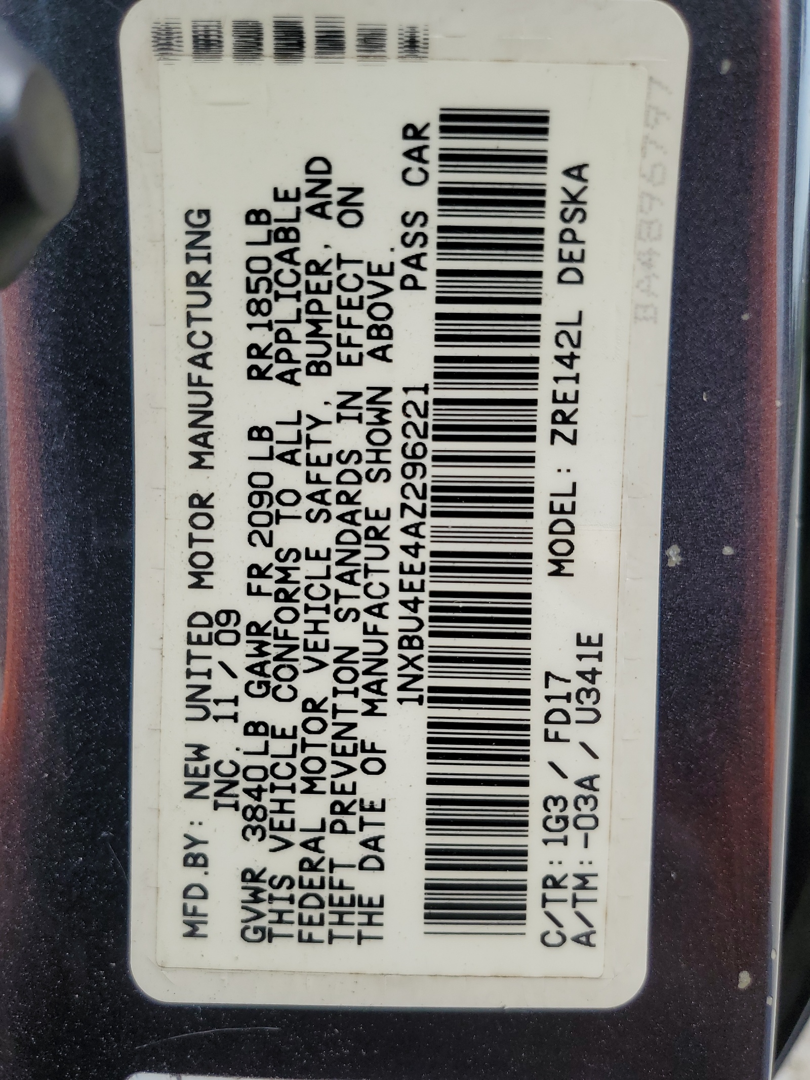 1NXBU4EE4AZ296221 2010 Toyota Corolla Base