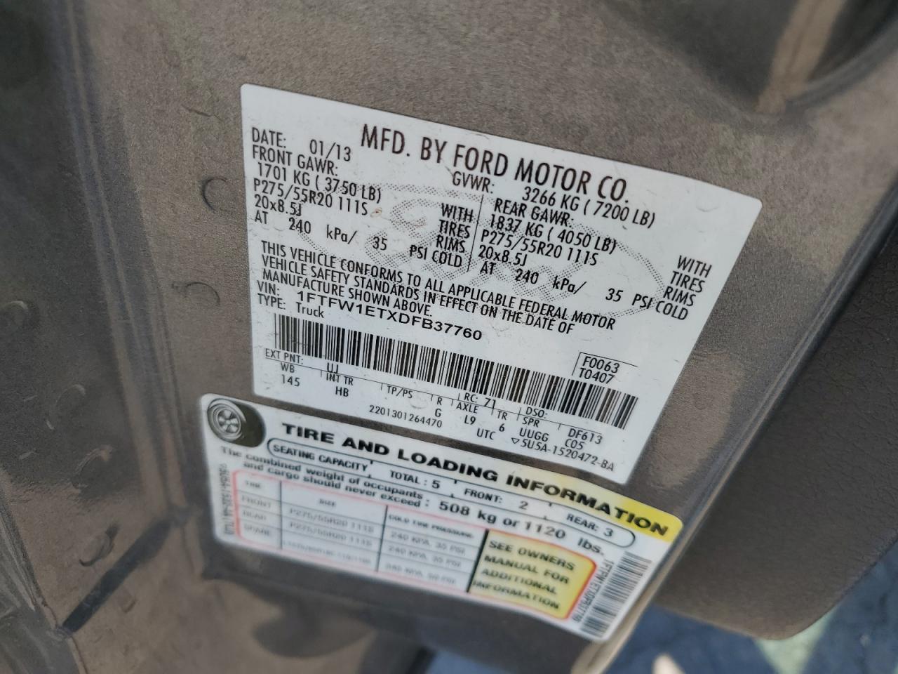 2013 Ford F150 Supercrew VIN: 1FTFW1ETXDFB37760 Lot: 62893764