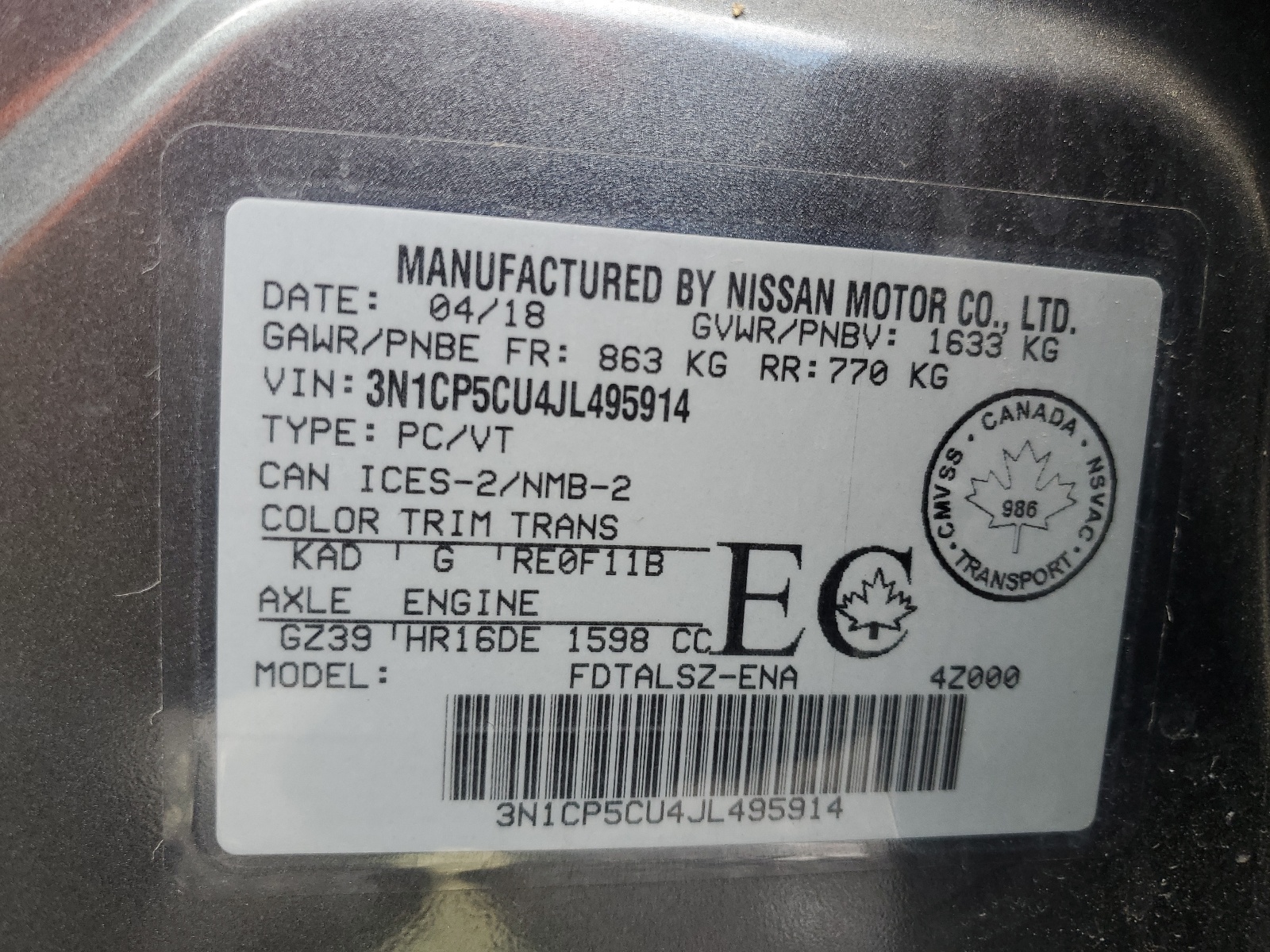 3N1CP5CU4JL495914 2018 Nissan Kicks S