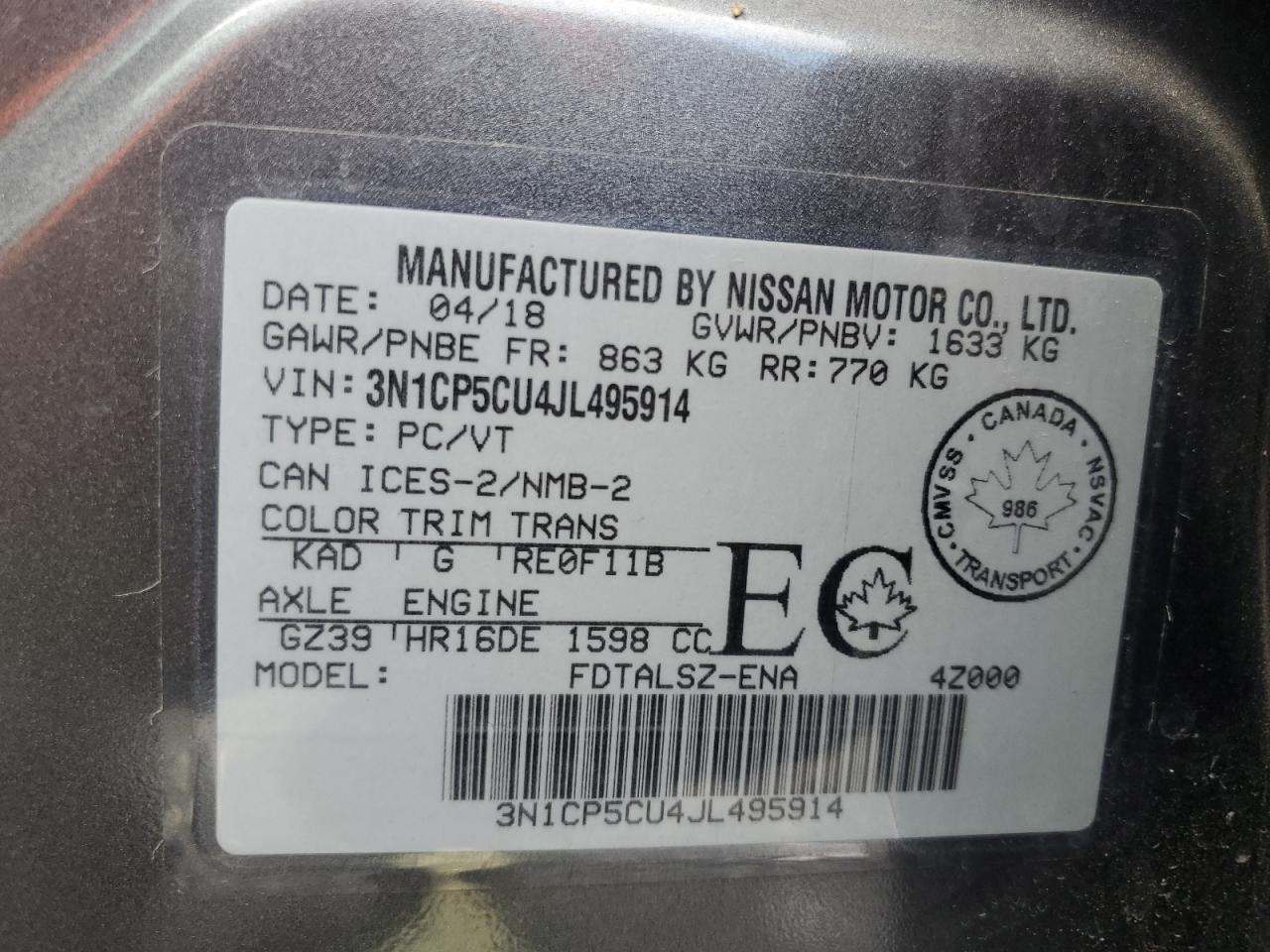 2018 Nissan Kicks S VIN: 3N1CP5CU4JL495914 Lot: 65617624