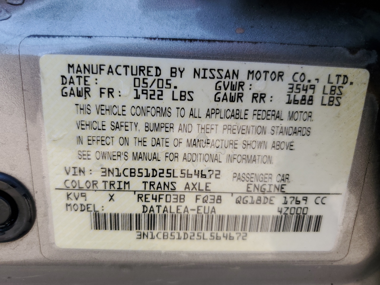 3N1CB51D25L564672 2005 Nissan Sentra 1.8