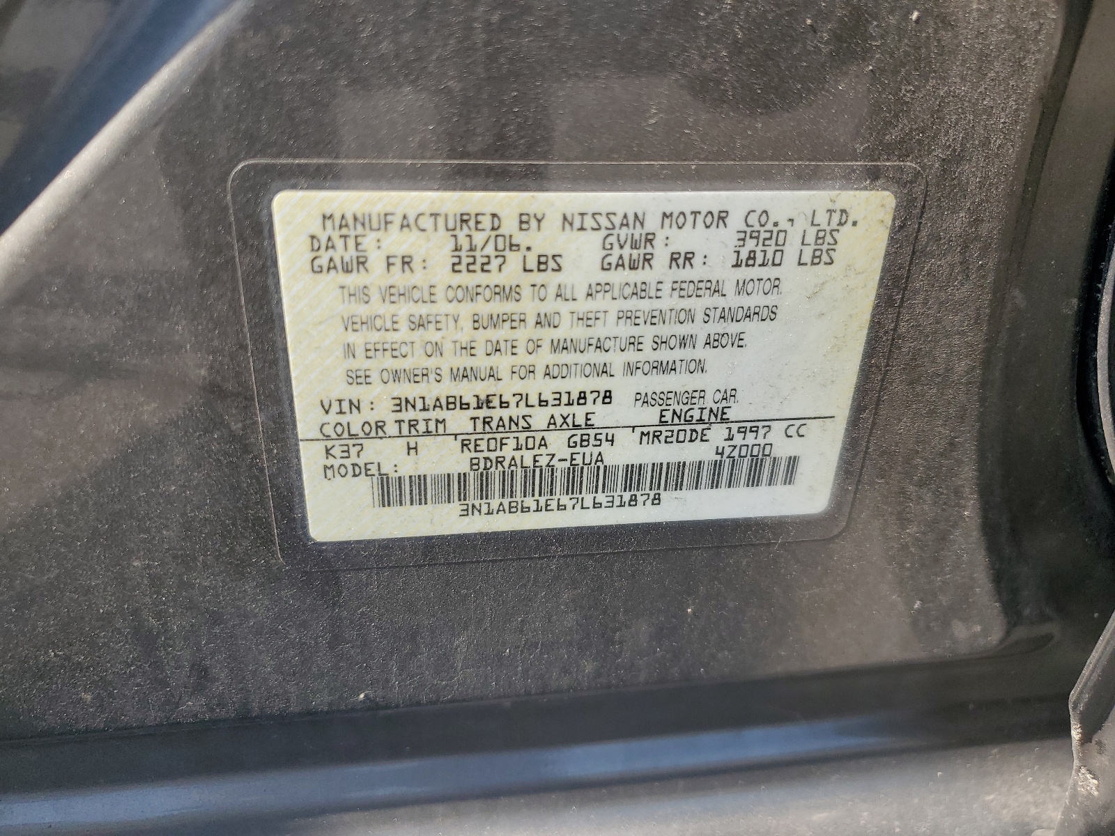 3N1AB61E67L631878 2007 Nissan Sentra 2.0