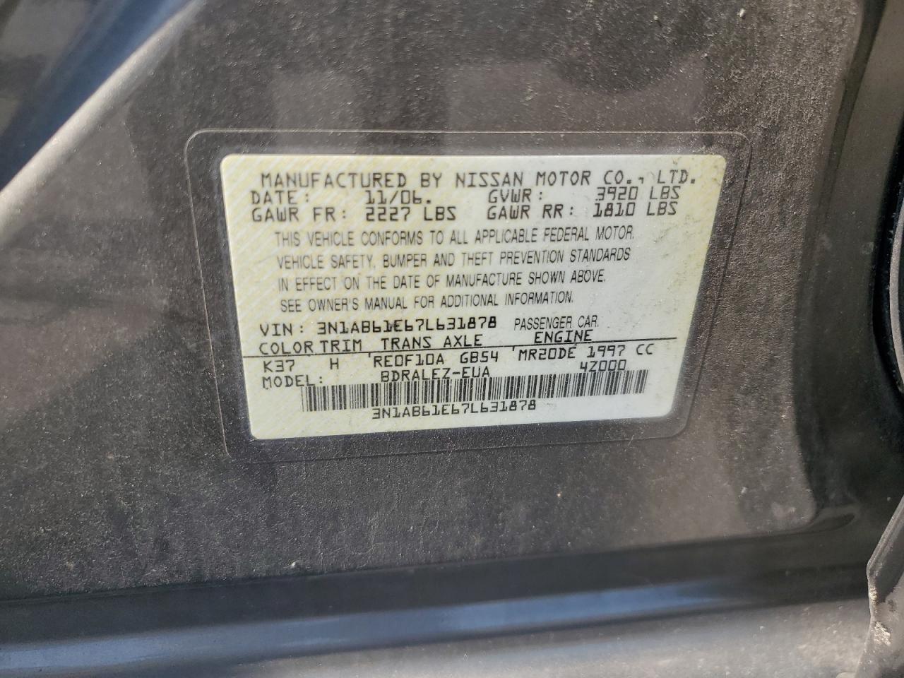 2007 Nissan Sentra 2.0 VIN: 3N1AB61E67L631878 Lot: 63261904