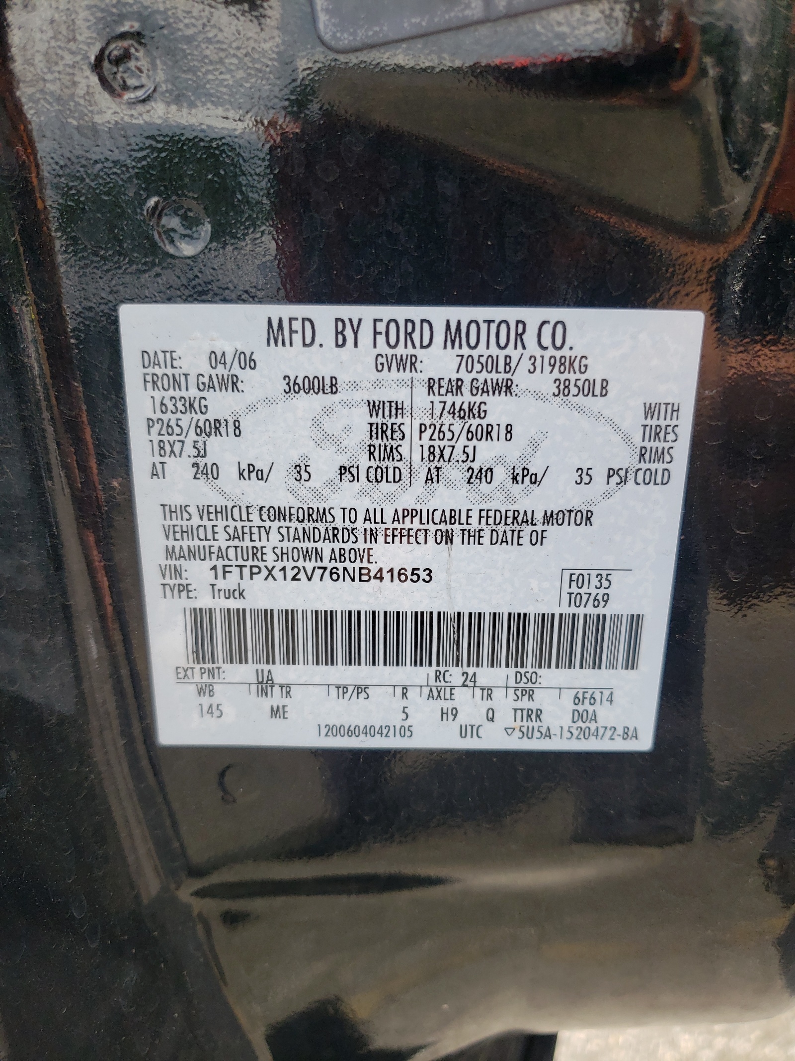 1FTPX12V76NB41653 2006 Ford F150