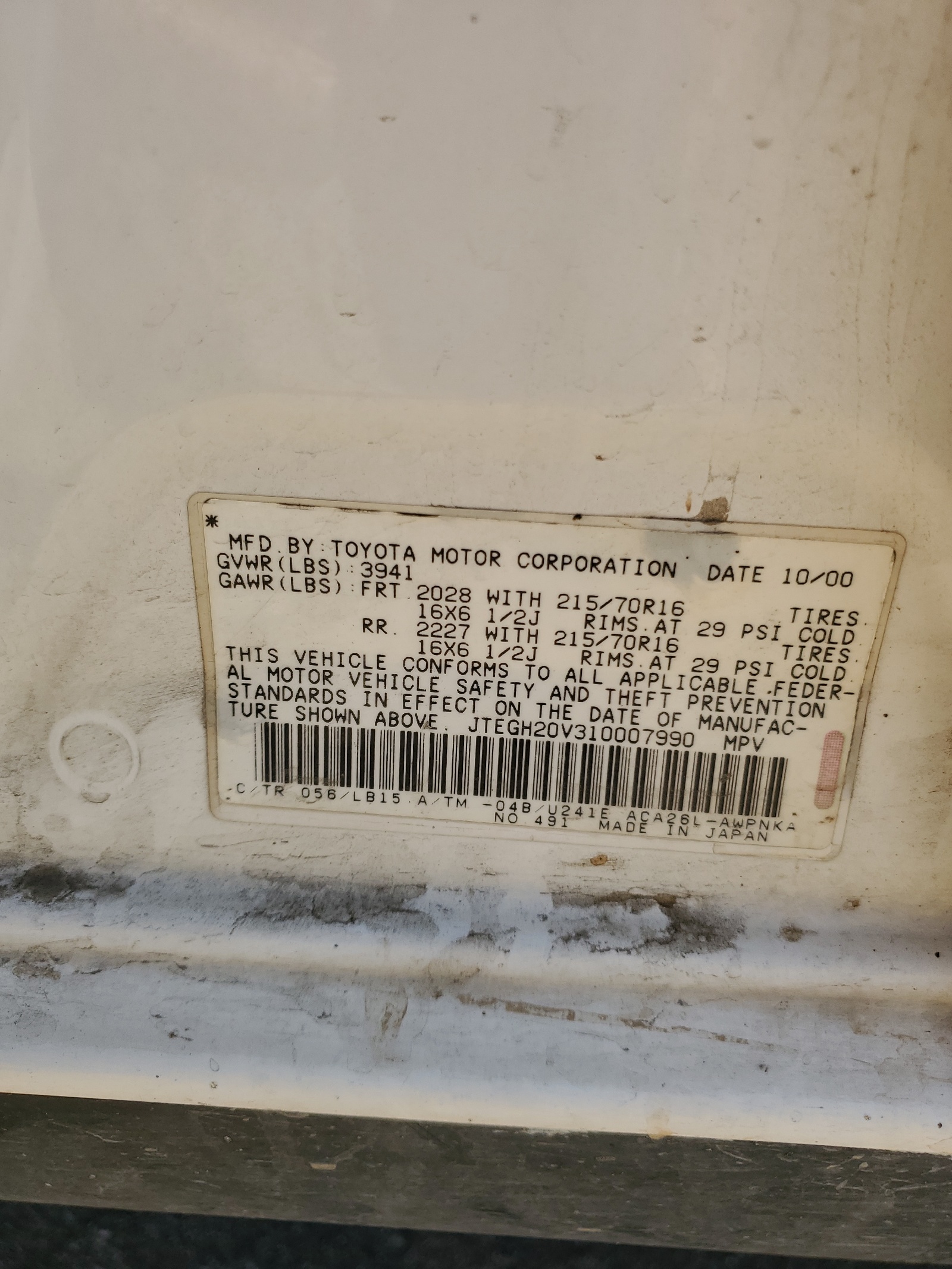 JTEGH20V310007990 2001 Toyota Rav4