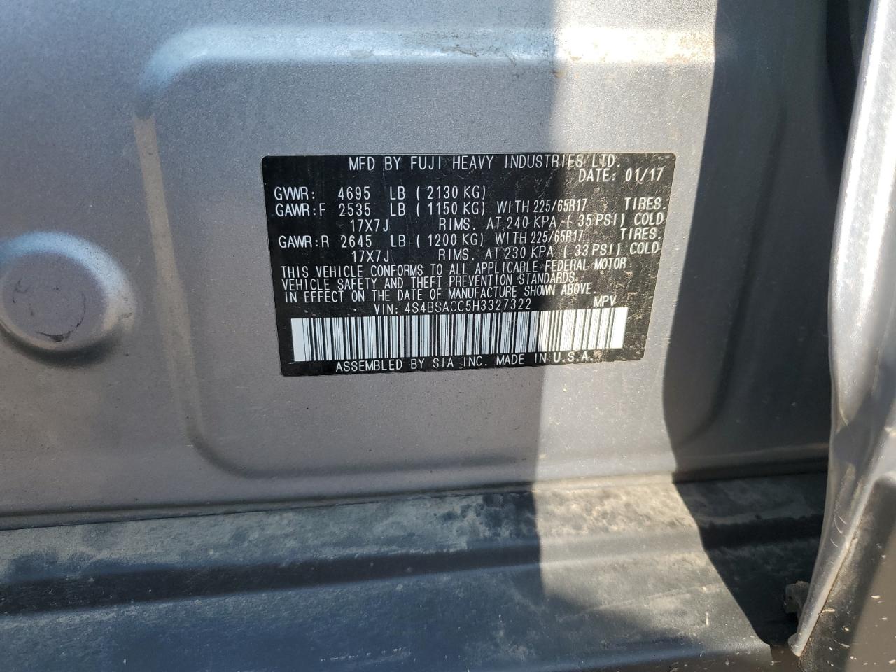 2017 Subaru Outback 2.5I Premium VIN: 4S4BSACC5H3327322 Lot: 63951144